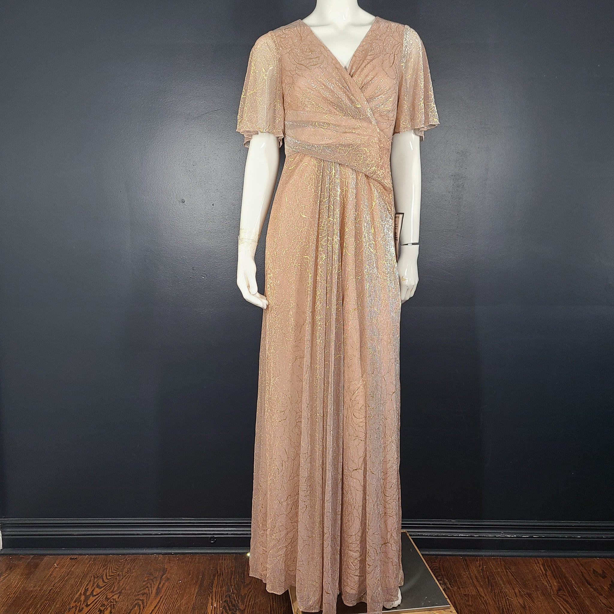 Adrianna Papell Women's Metallic Mesh Draped Dress Gown Fit & Flare Rose Gold 6