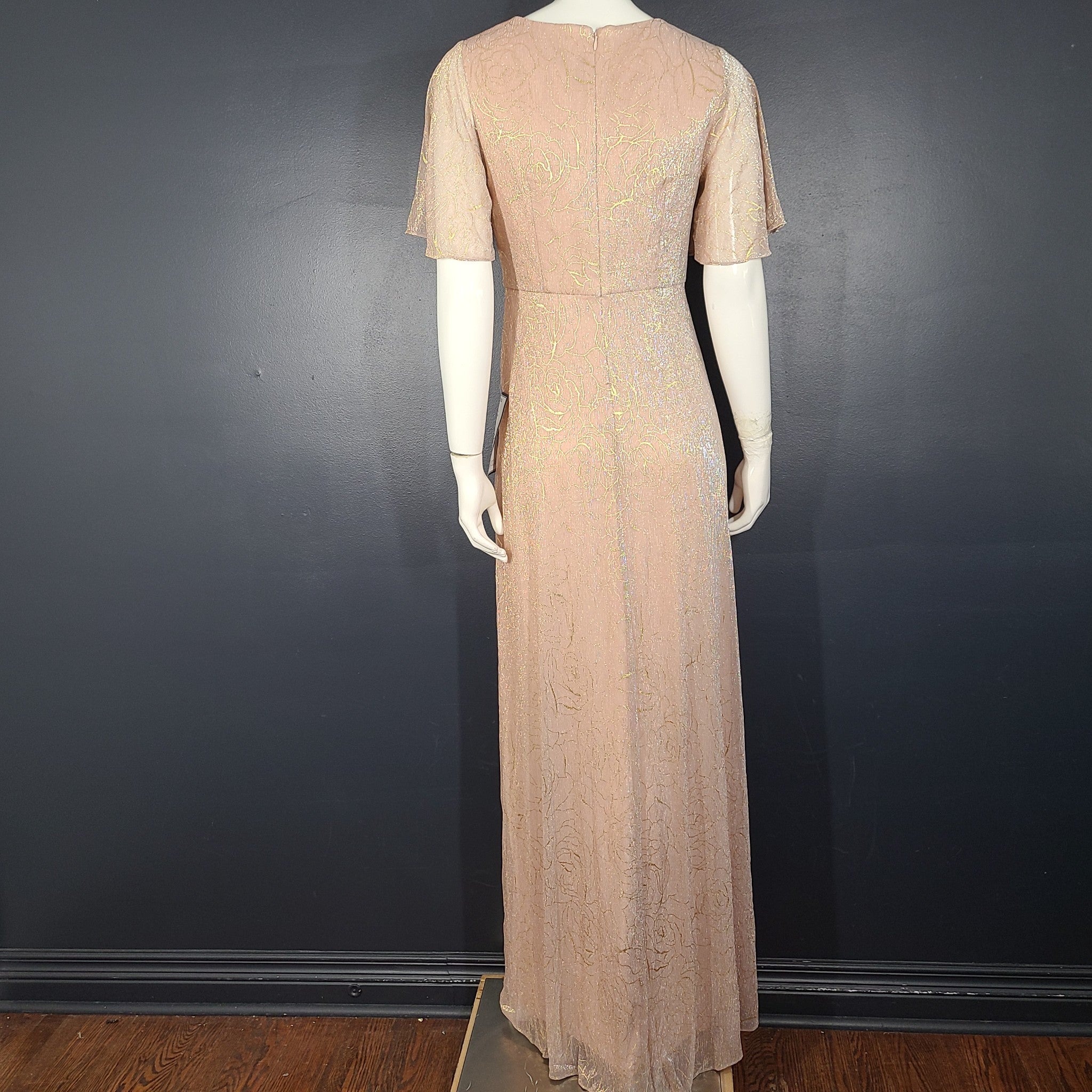 Adrianna Papell Women's Metallic Mesh Draped Dress Gown Fit & Flare Rose Gold 6