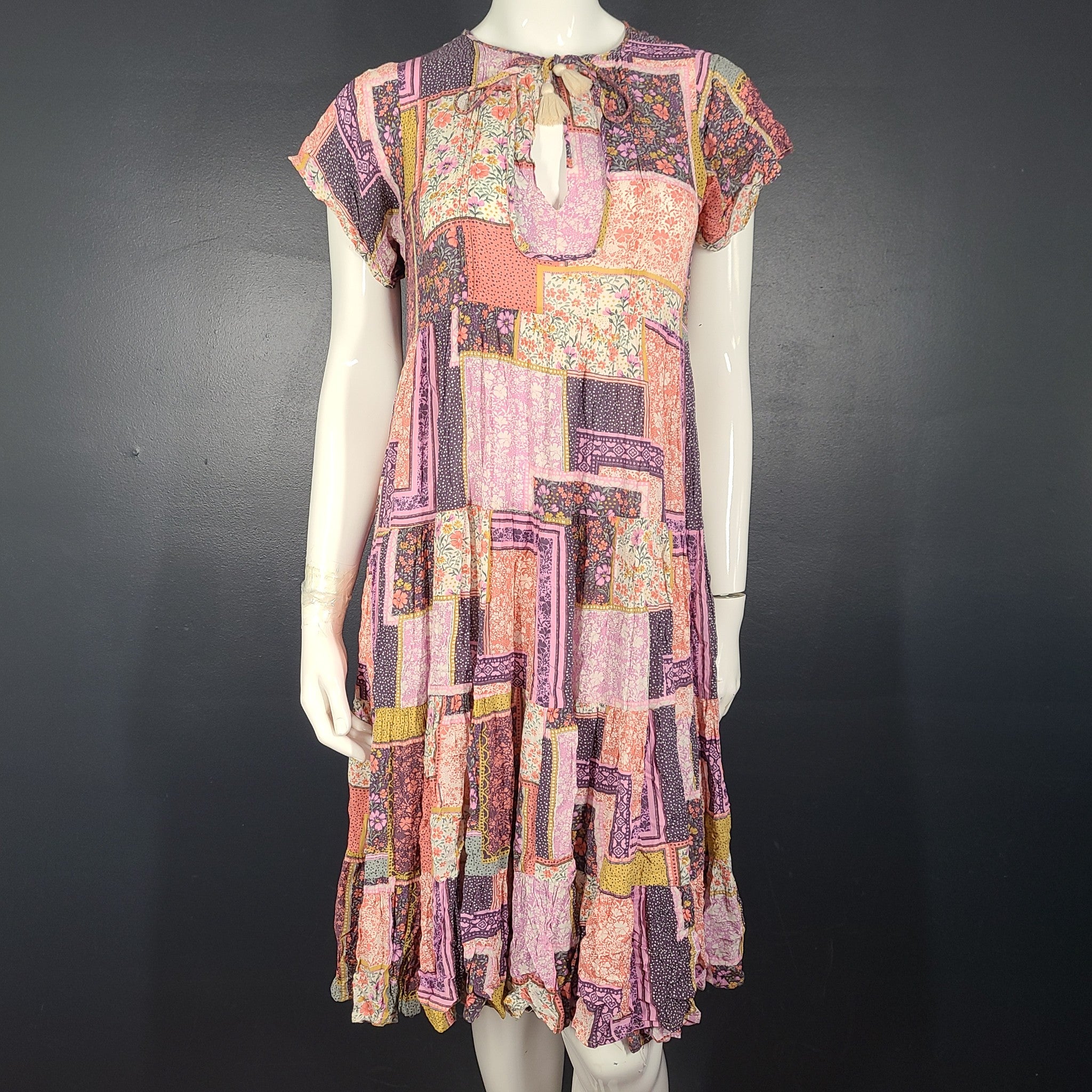 Olivaceous Women's Floral Medium Dress V-Neck Oversized Boho Multicolor Sz S