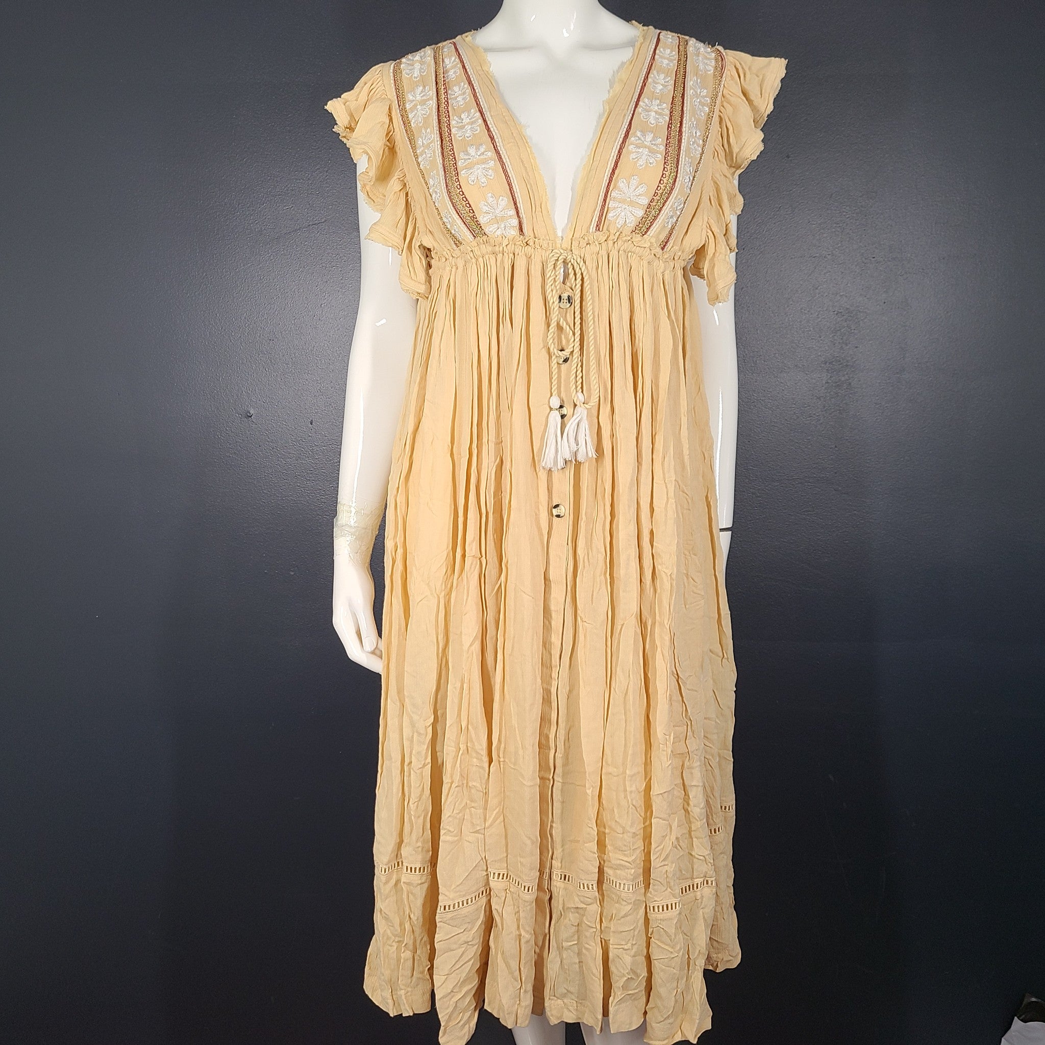 Free People Will Wait For You Midi Dress Embroidered Boho Natural Yellow XS