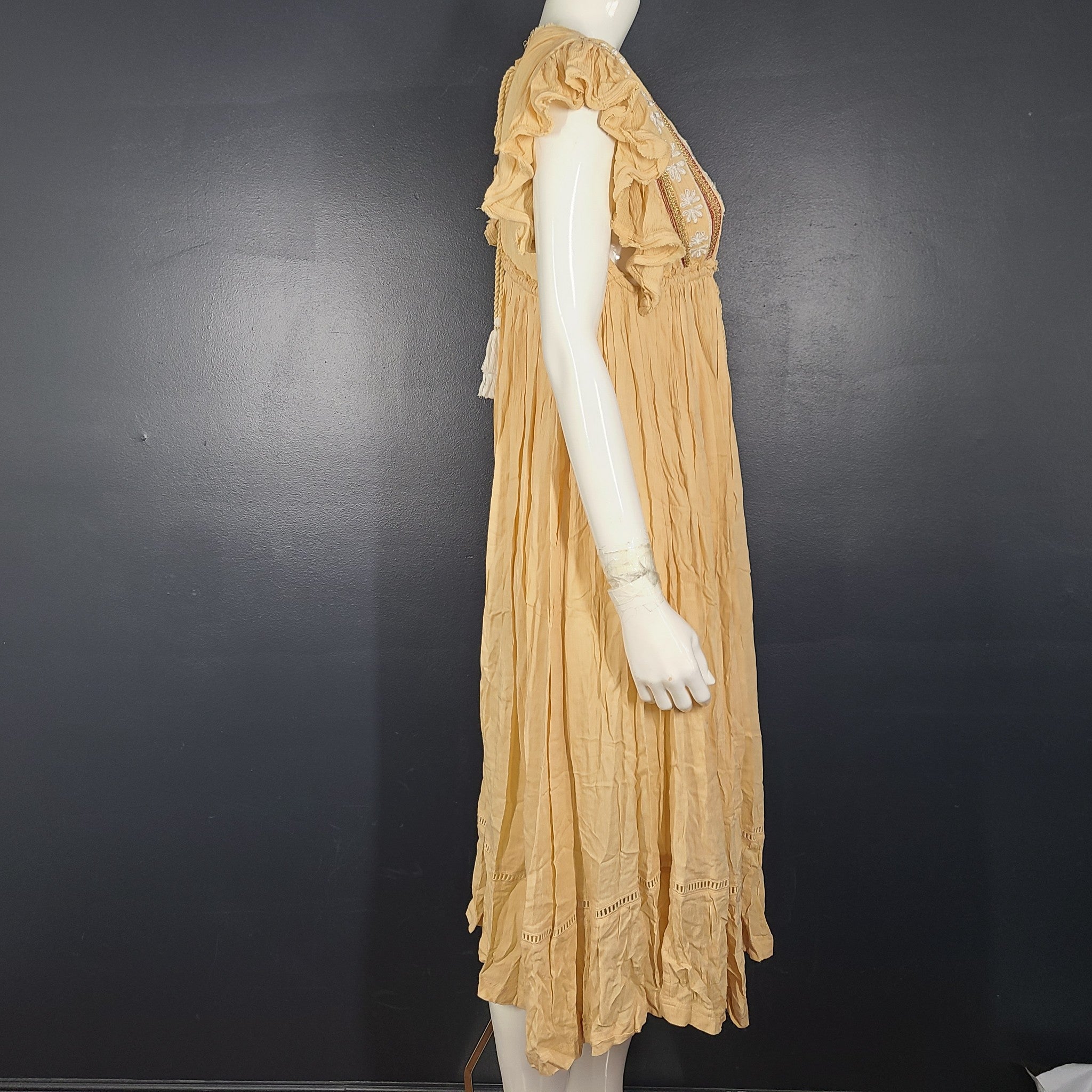 Free People Will Wait For You Midi Dress Embroidered Boho Natural Yellow XS