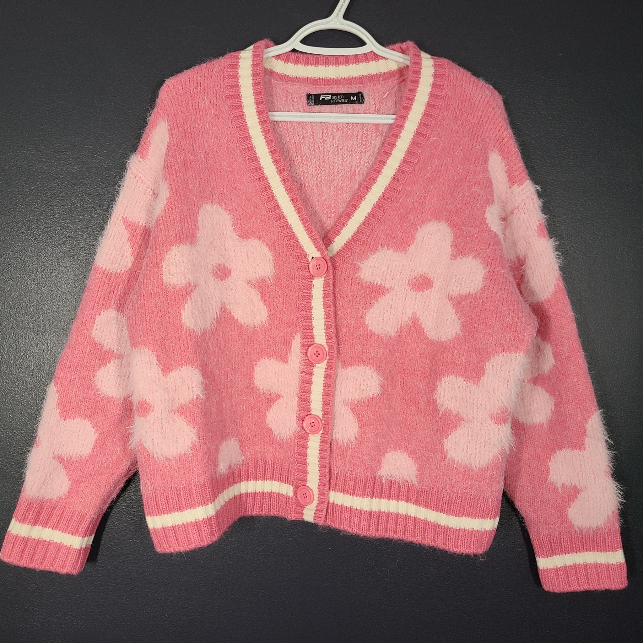 FB Sister Women's Cardigan Buttoned Sweater Soft Floral Knit Pink Sz M