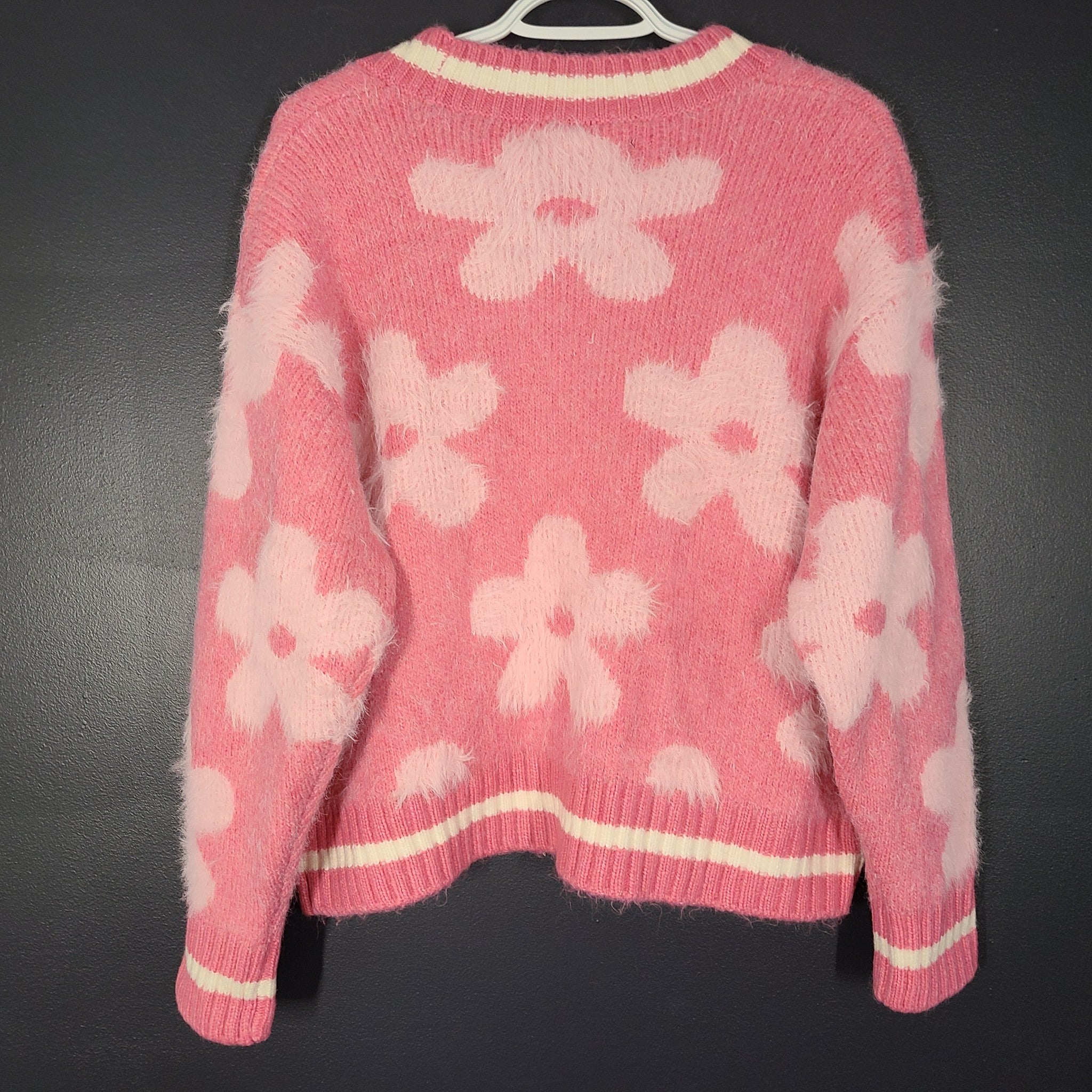 FB Sister Women's Cardigan Buttoned Sweater Soft Floral Knit Pink Sz M