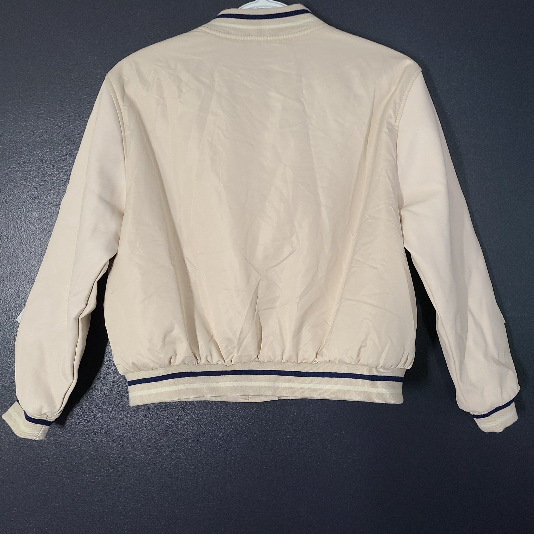 Zara Kids' Satin Bomber Jacket Varsity Faux Leather Sleeves Beige Sz 11-12