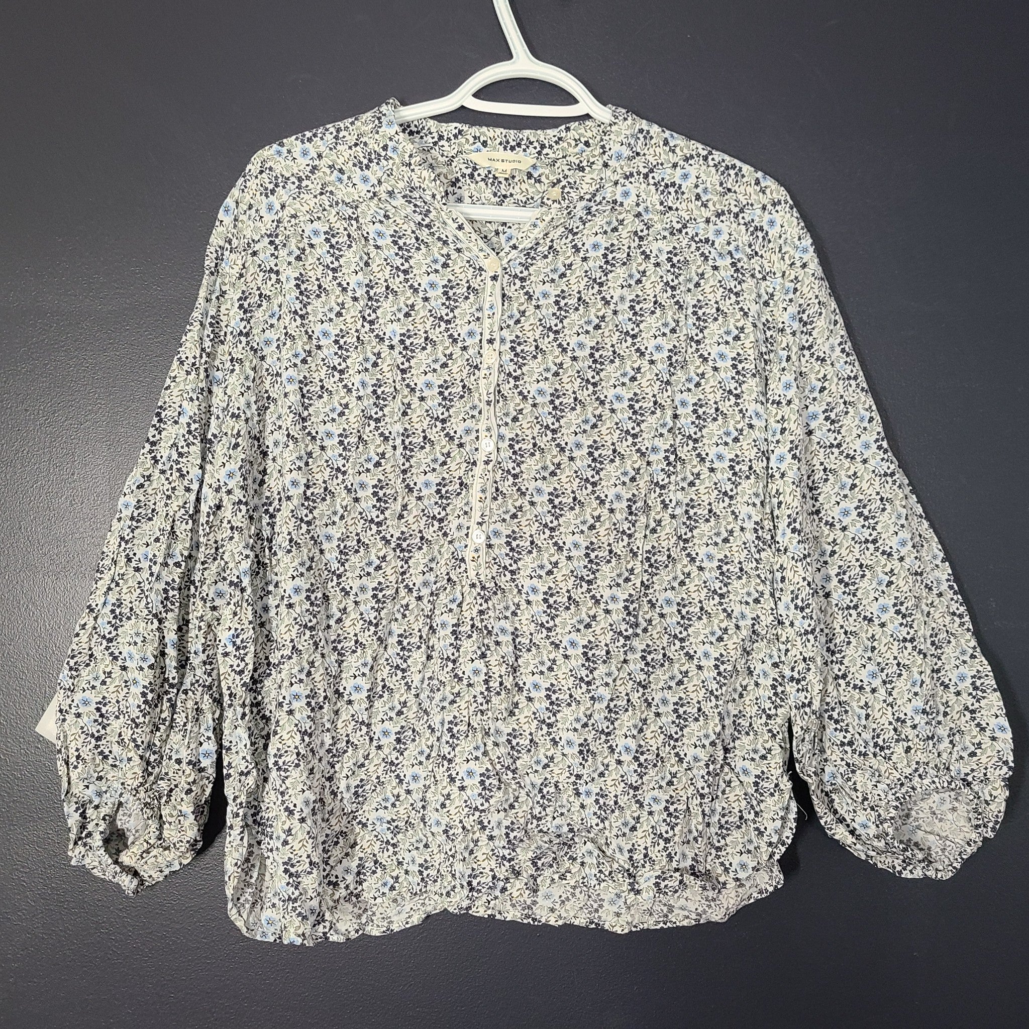 Max Studio Women's Peasant Blouse Long Bell Sleeve Shirt Ditsy Floral Blue M