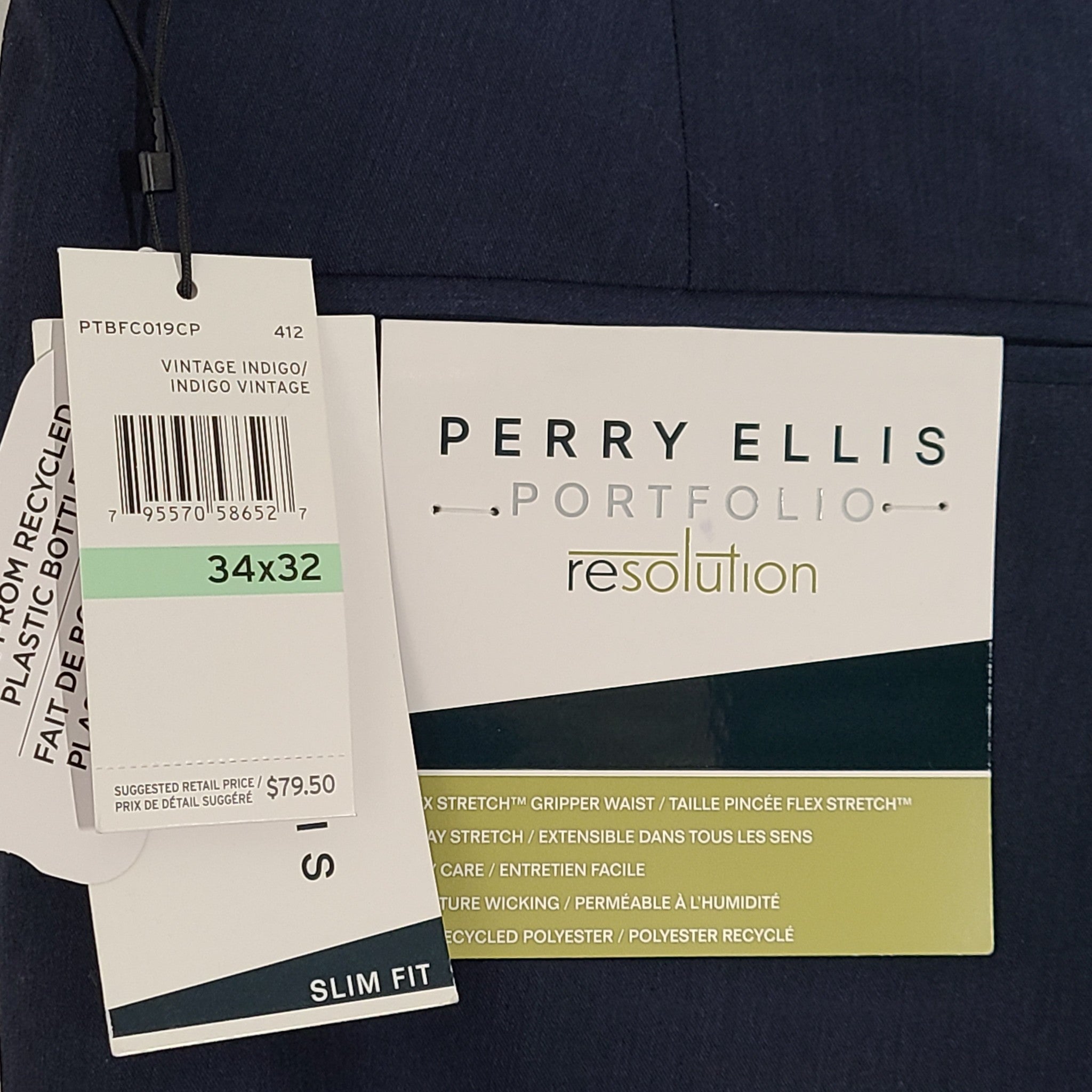 Perry Ellis Men's Portfolio Resolution Pants Stretch Slim Fit  Navy Blue 34x32