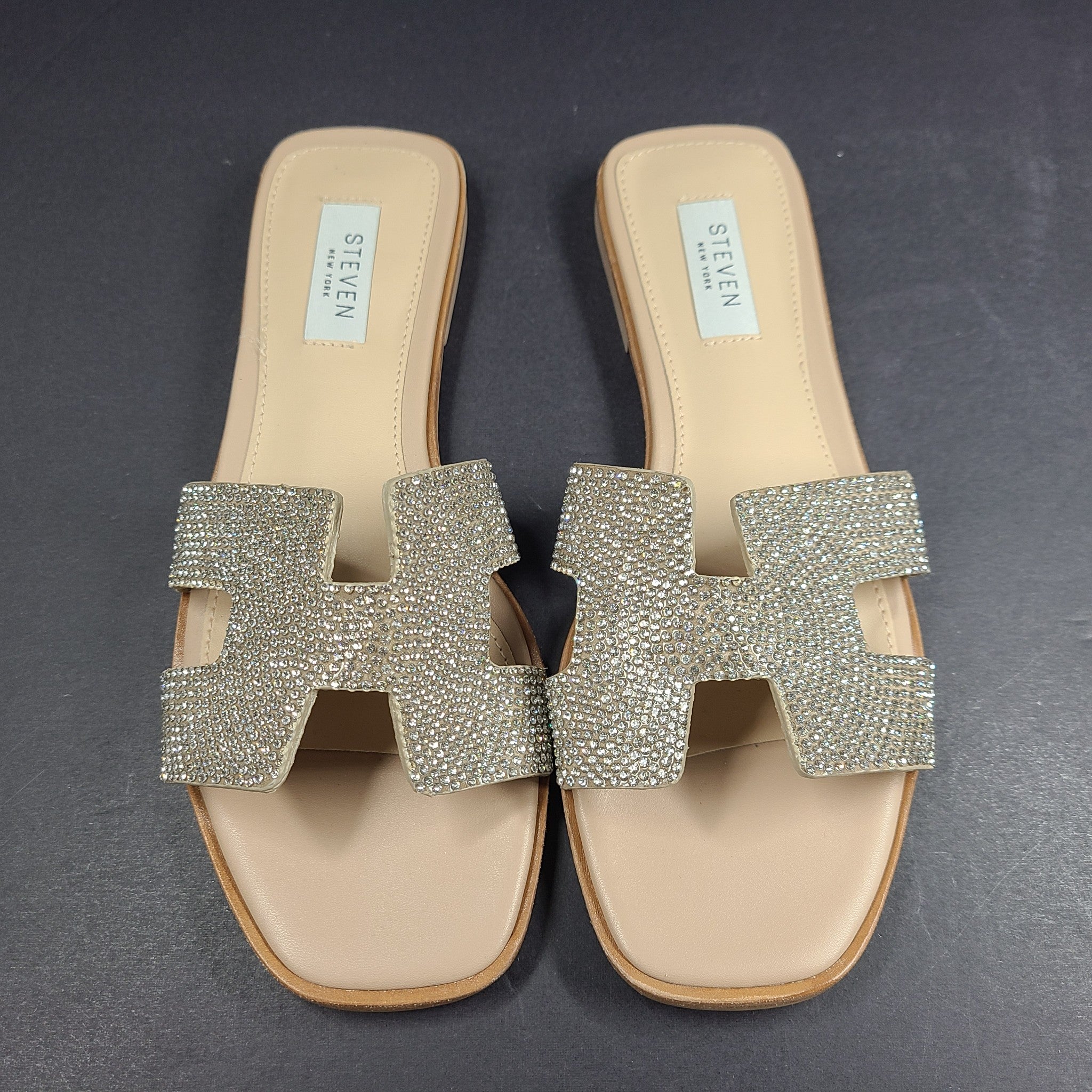 Steve Madden Hadyn-R Silver Rhinestone Slide Square Toe Sandals US 7M
