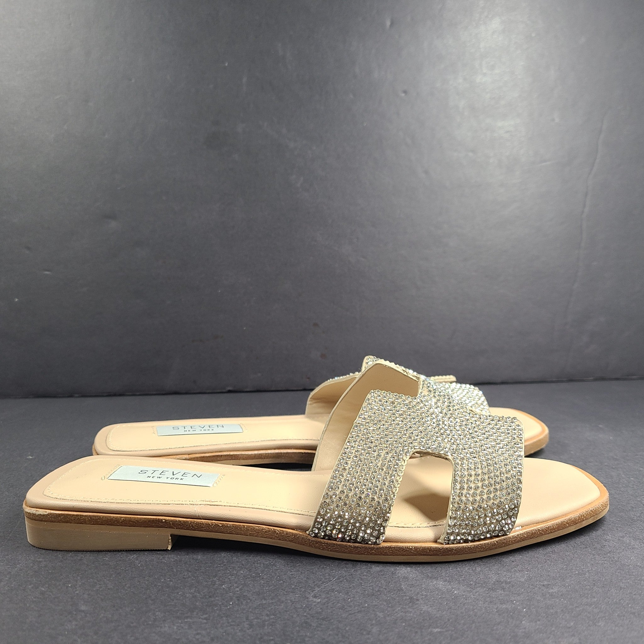 Steve Madden Hadyn-R Silver Rhinestone Slide Square Toe Sandals US 7M