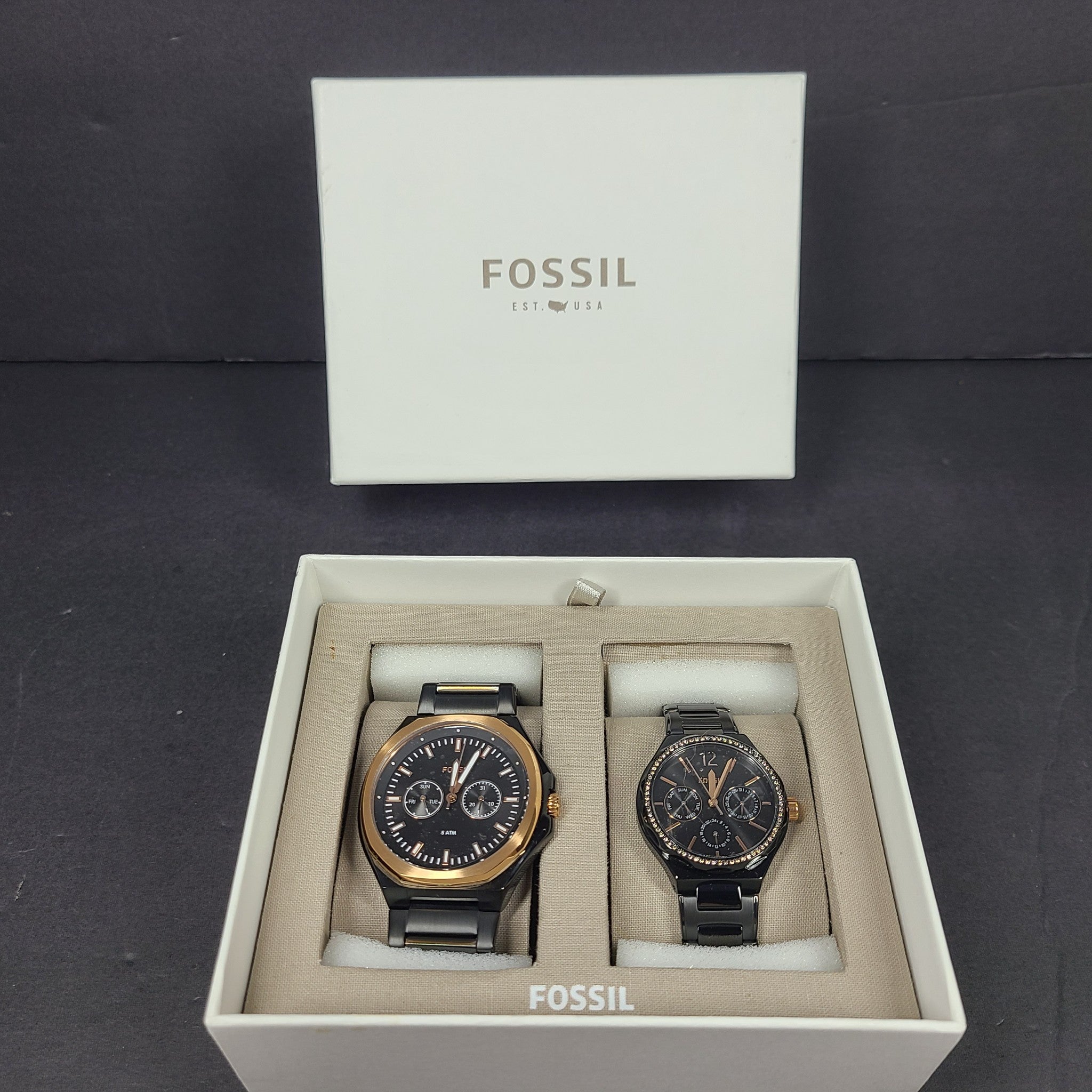 Fossil His and Her Multifunction Black Stainless Steel Watch Set BQ2645SET