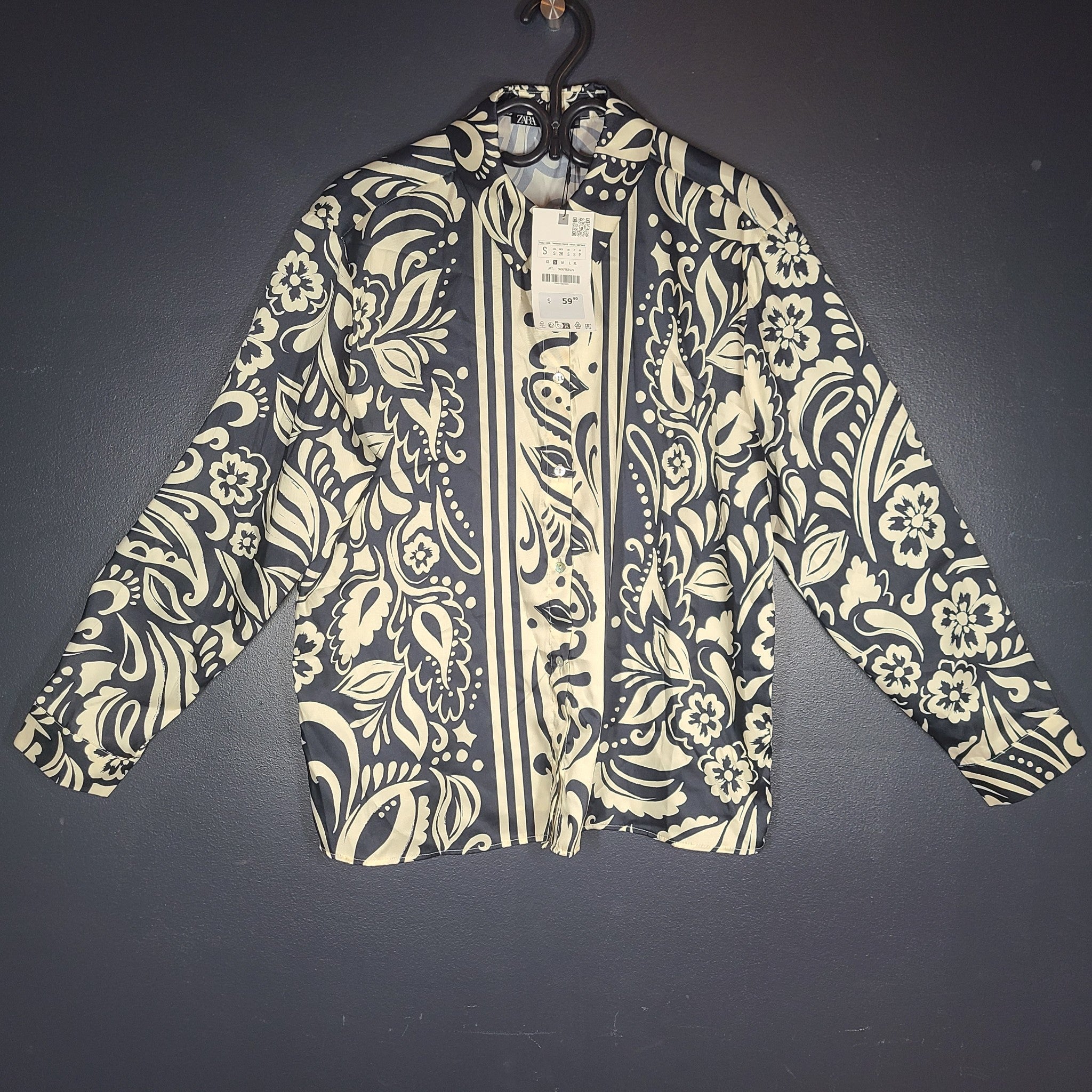 Zara Floral Printed Satin Shirt Long Sleeve Button Blouse 3666/168/070 Sz S