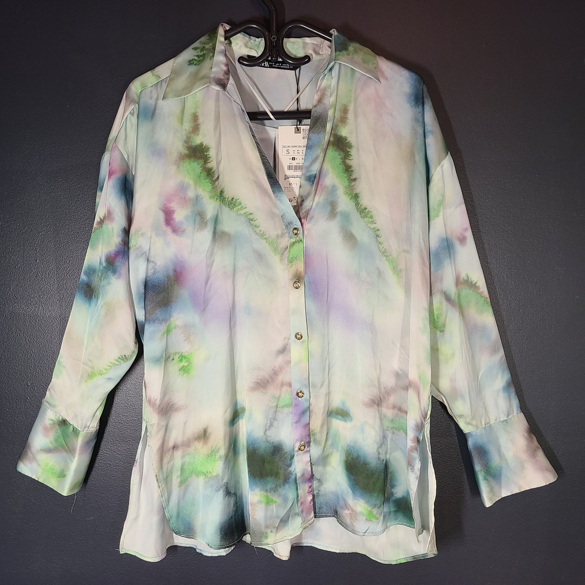 Zara Women's Tie Dye Print Oversized Buttoned Blouse Long Sleeve Blue Sz S