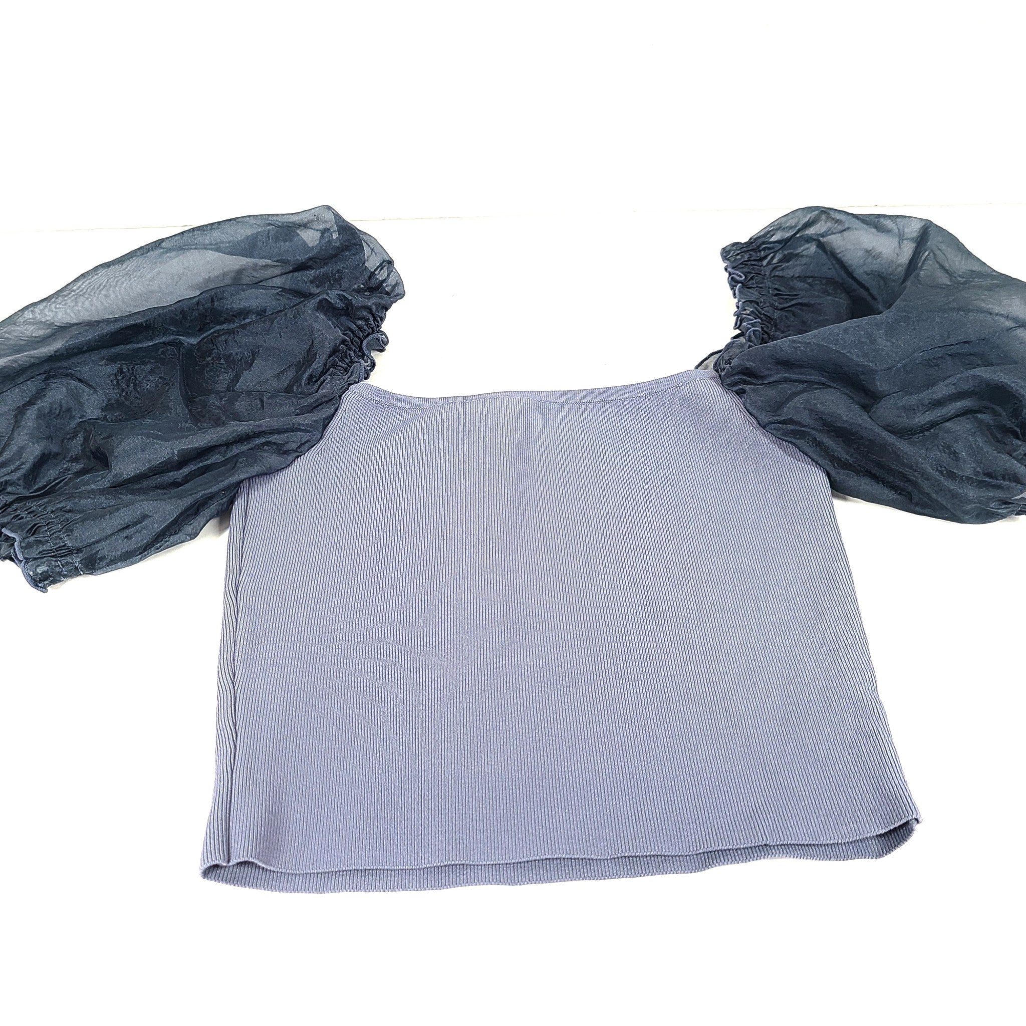 Wilfred Women's Organza Puff Sleeve Blouse Cropped Top Shirt Square Neck Blue XS