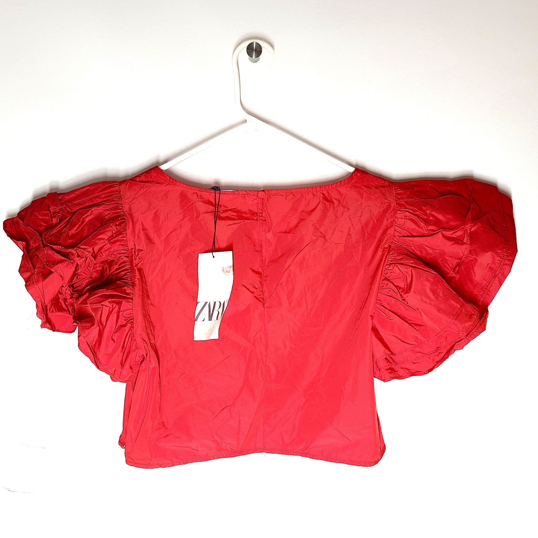 Zara Women's Ruffled Puff Sleeve Cropped Top Red 3666/163/600 Sz L