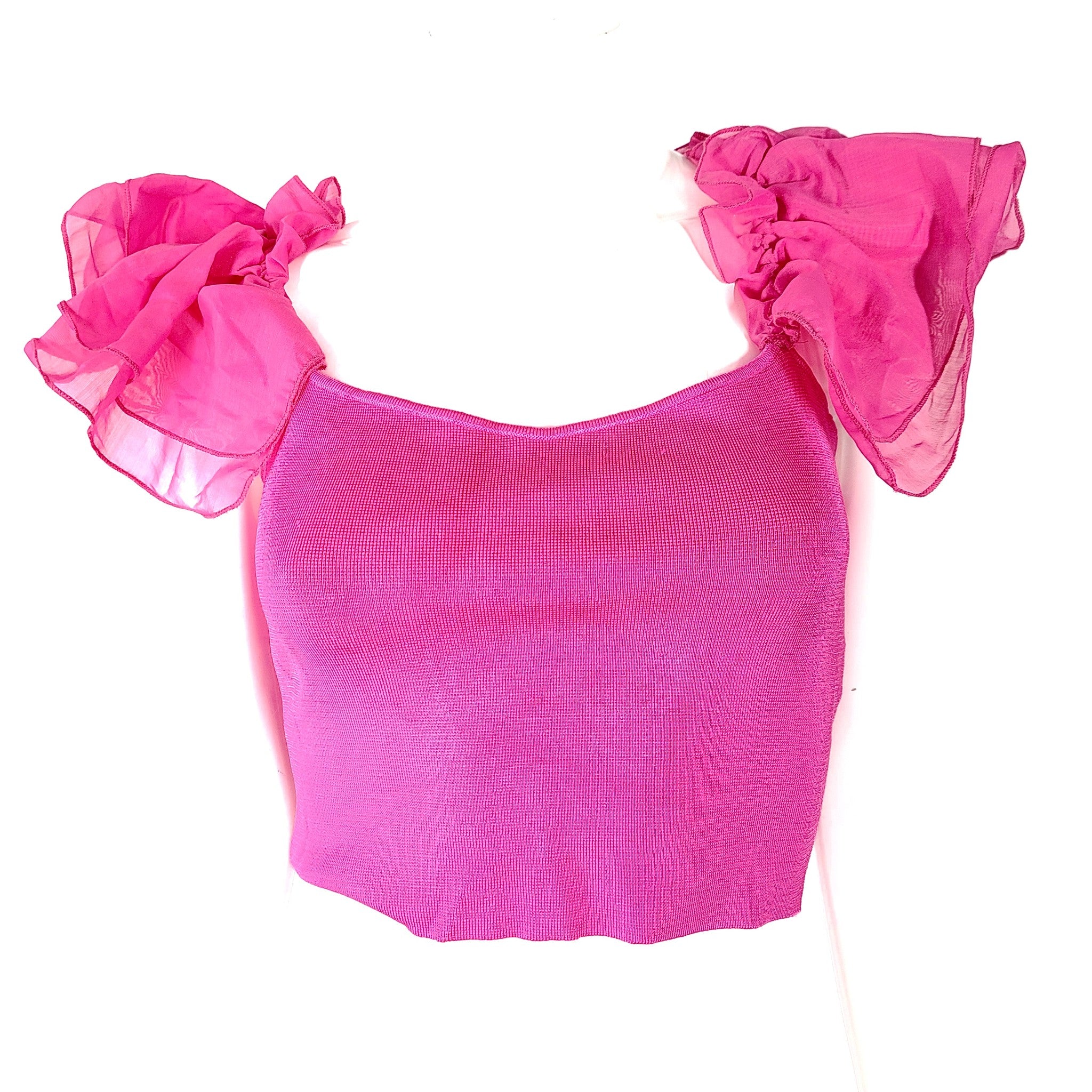 Zara Women's Organza Sleeve Knit Top Fuchsia Pink 2142/100/630 Sz M
