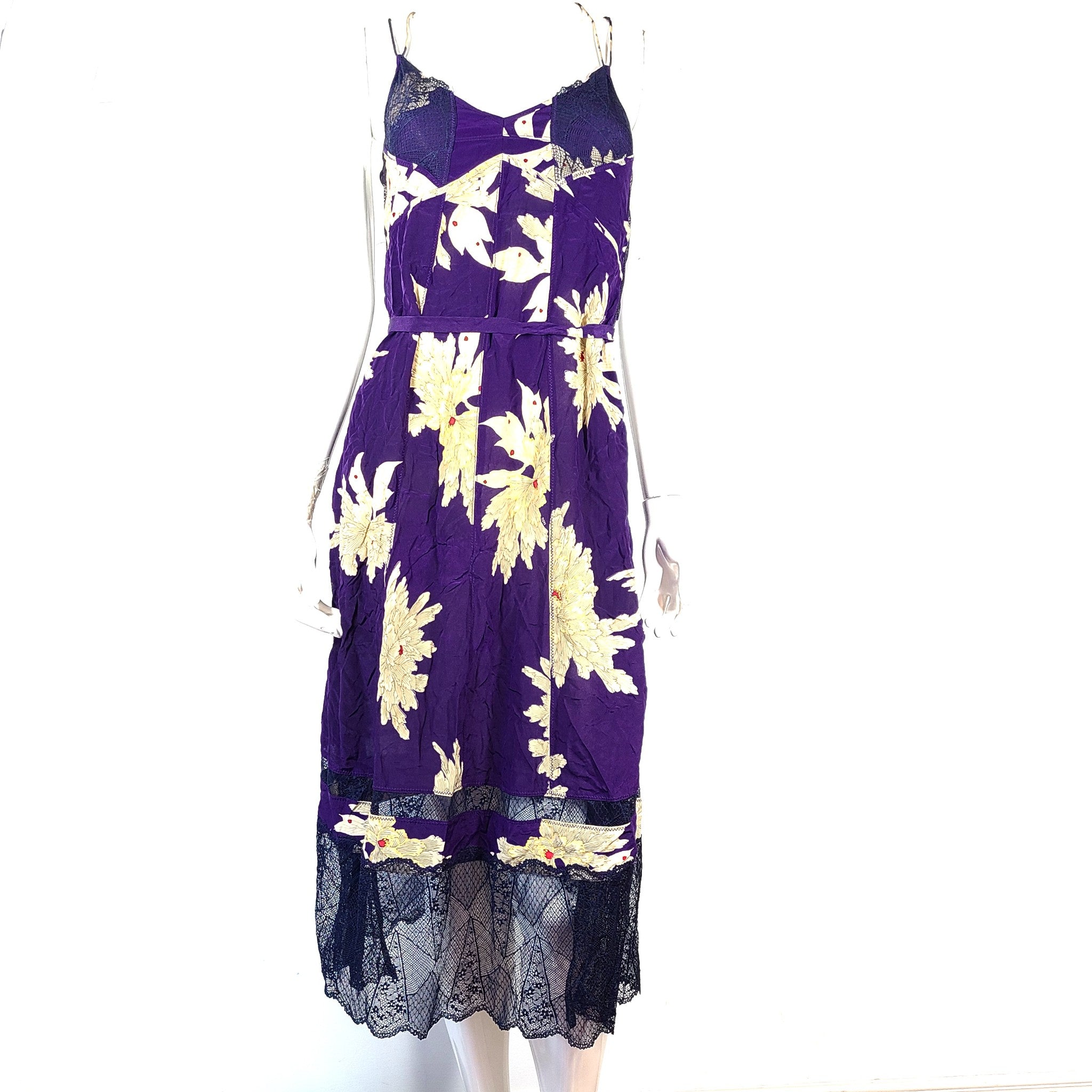 Zadig & Voltaire Women's Roses Blossom Silk Dress Lace Trim Purple/Beige Sz XS