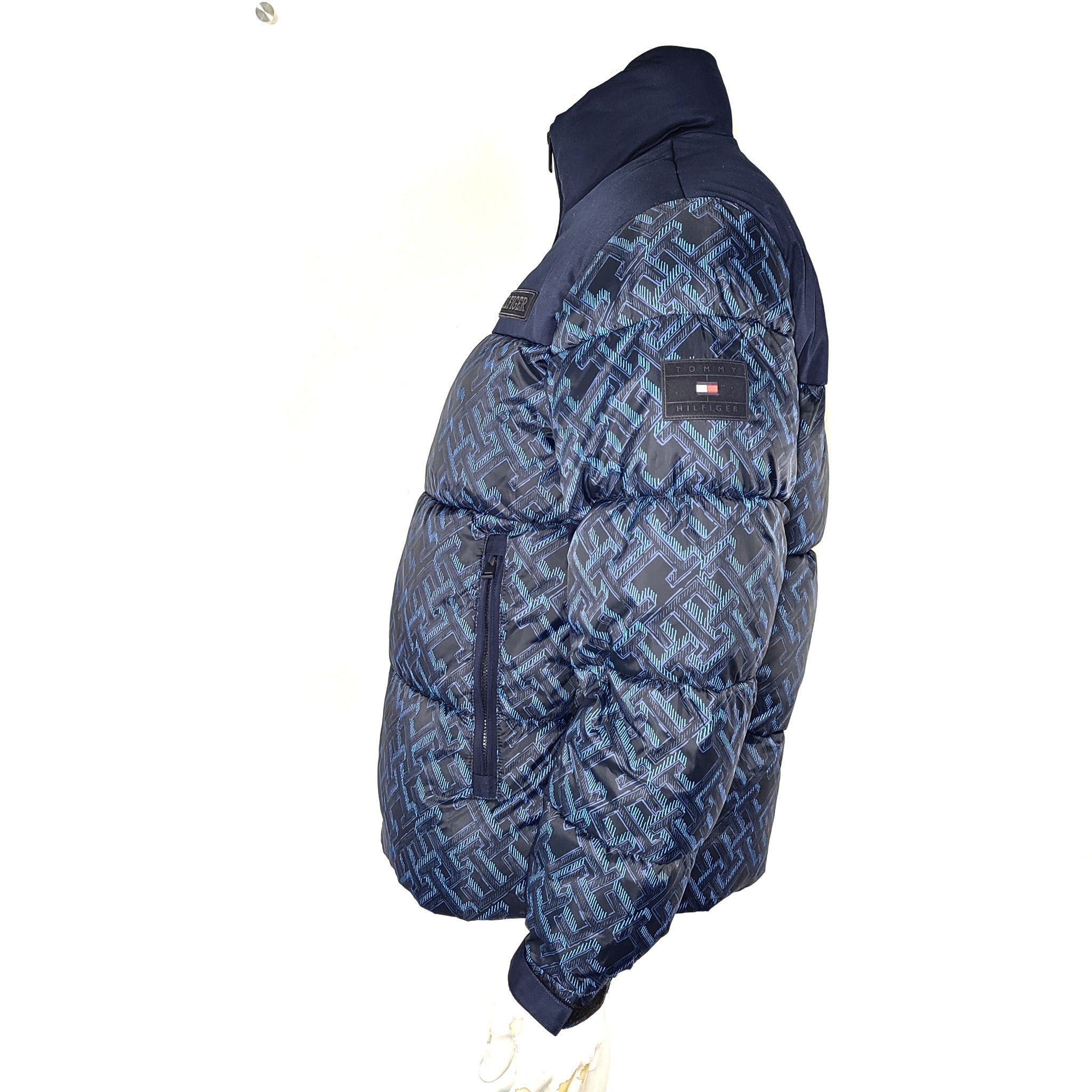Tommy Hilfiger Men's Warm New York Monogram Print Puffer Jacket Coat Navy Blue S