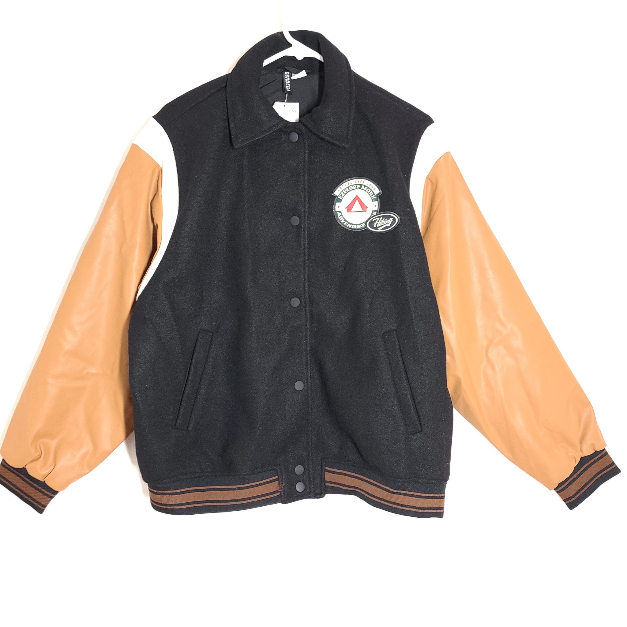 H&M Women's Baseball Varsity Jacket 'Outdoor Camper' Black Size S