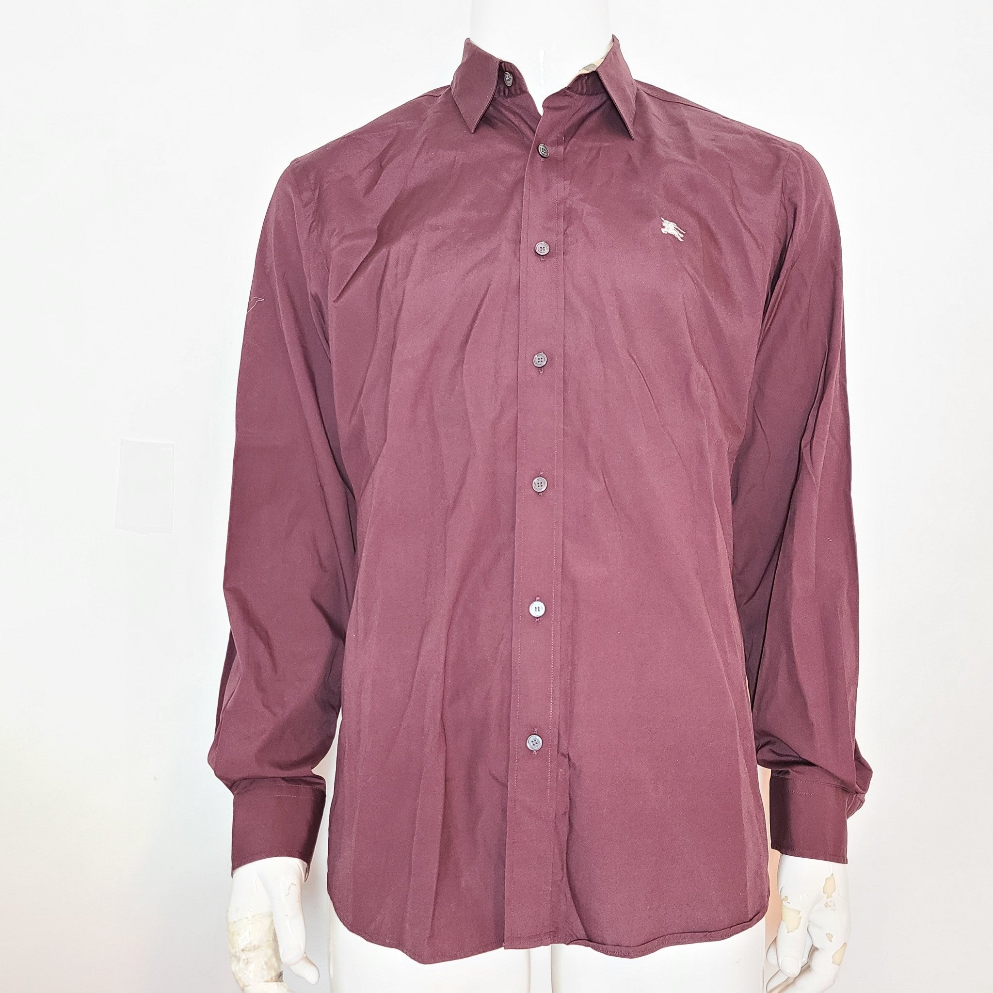 Burberry Men's Classic Long Sleeve Dress Shirt Cotton Burgundy Red Sz L