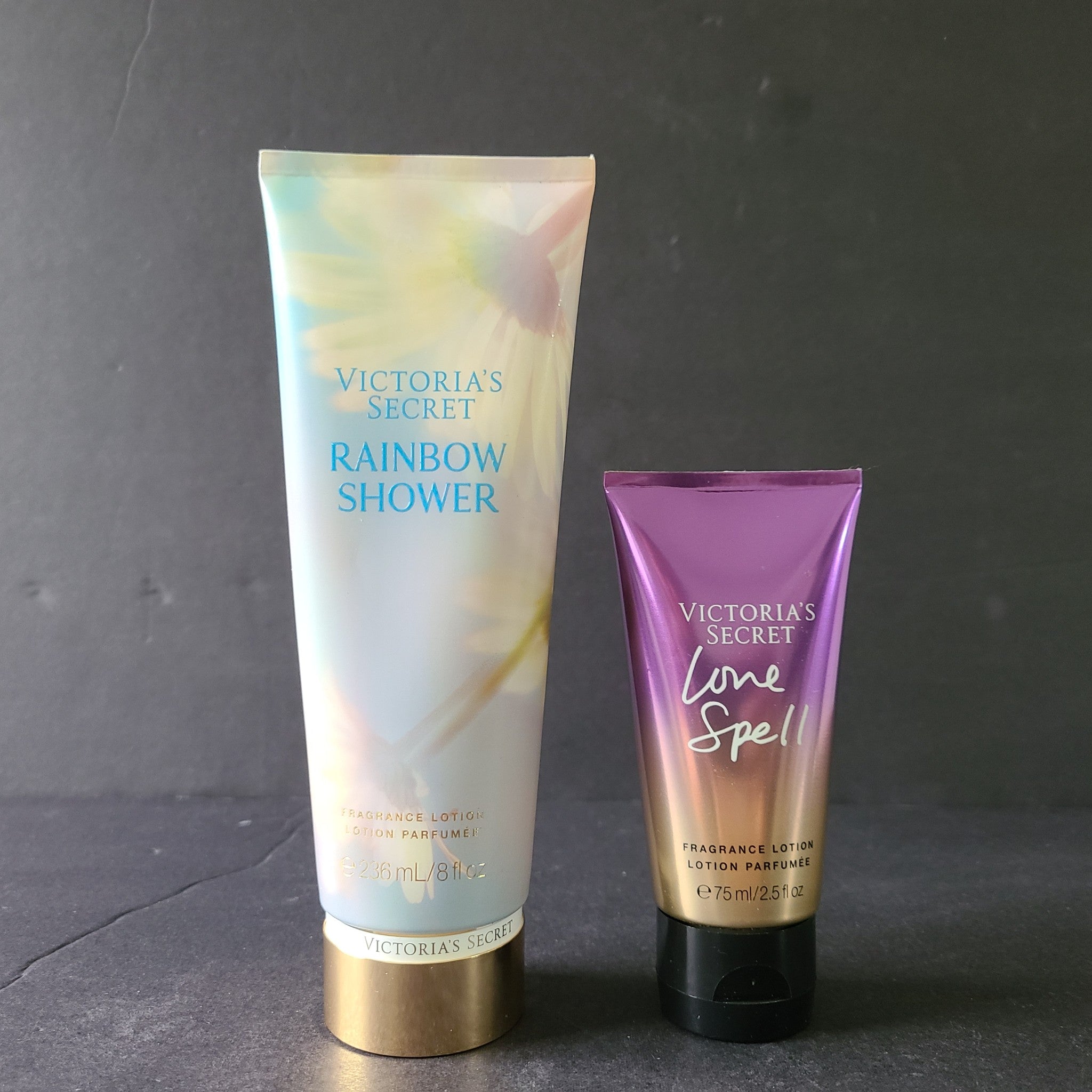 2 Pc Victoria's Secret Rainbow Shower & Love Spell Fragrance Lotion 8/2.5 fl oz.