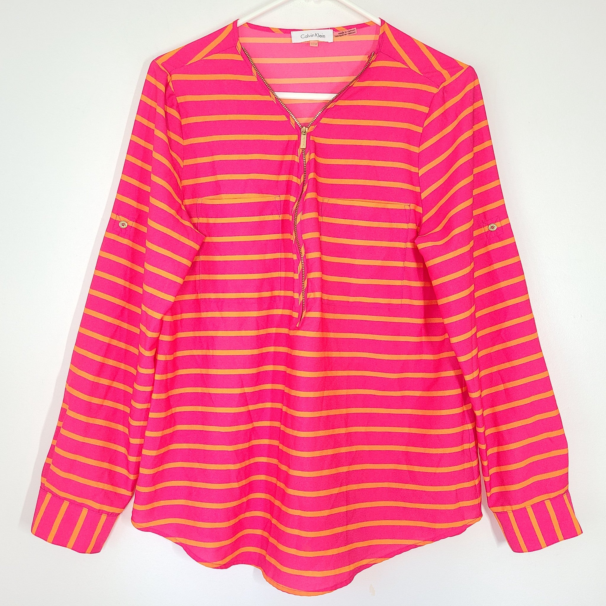 Calvin Klein Women's V-Neck Modern Essential Zip Front Roll Sleeve Shirt Pink M