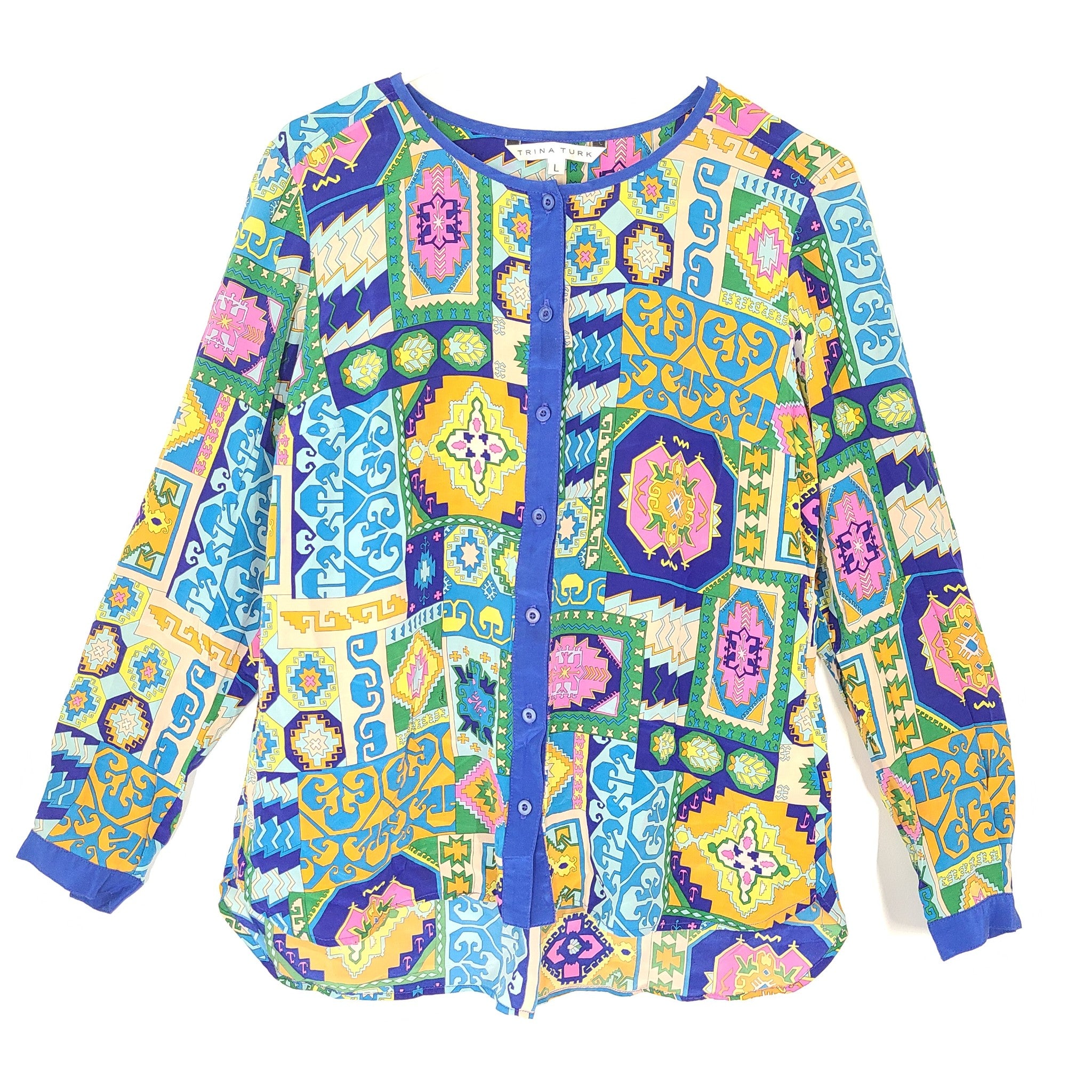 Trina Turk Blouse Abstract Printed 100% Silk Long Sleeve Shirt Multicolor Sz L