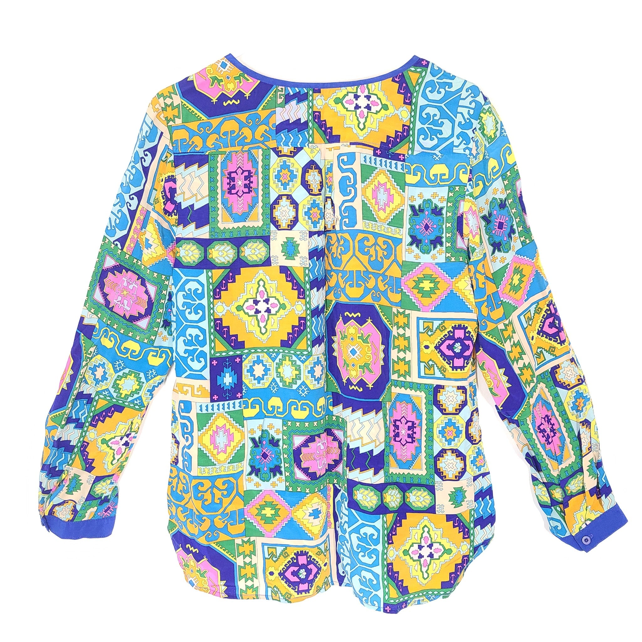 Trina Turk Blouse Abstract Printed 100% Silk Long Sleeve Shirt Multicolor Sz L