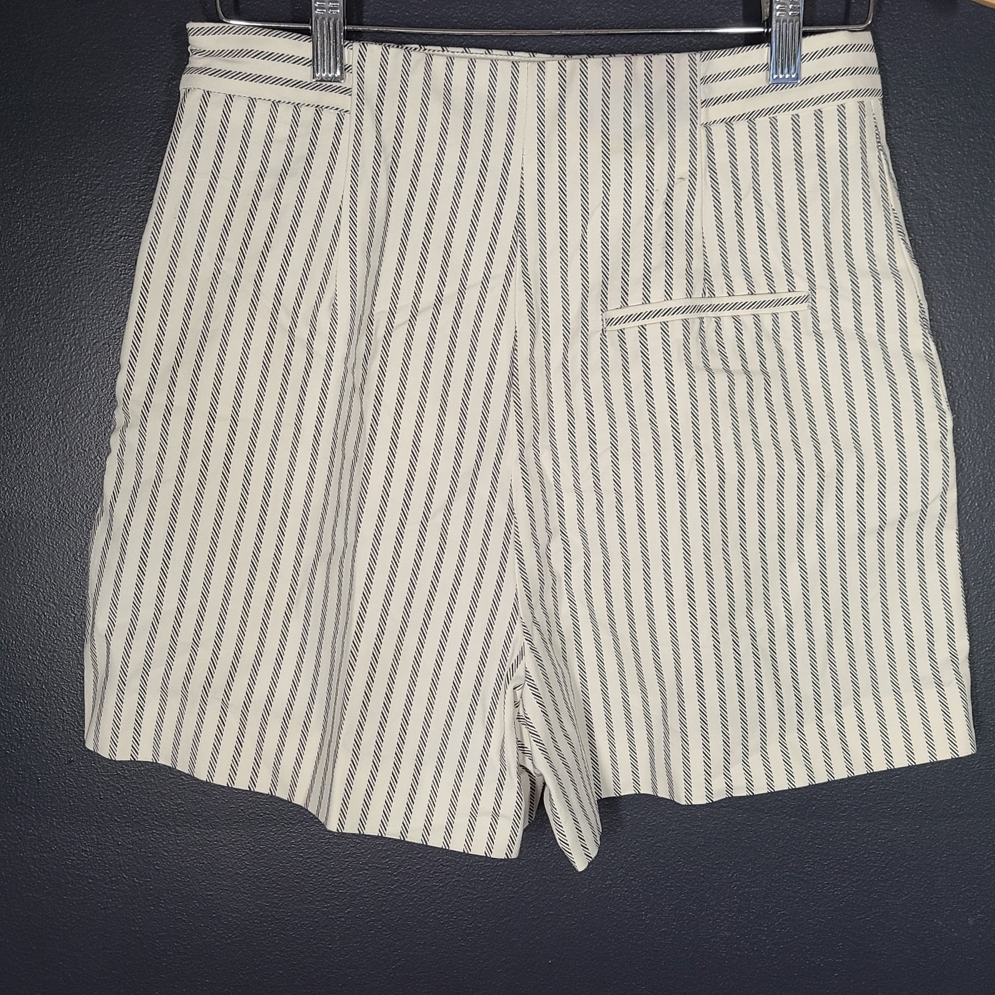 Zara Women's White High Rise Gold Button Striped Nautical Shorts Sz M