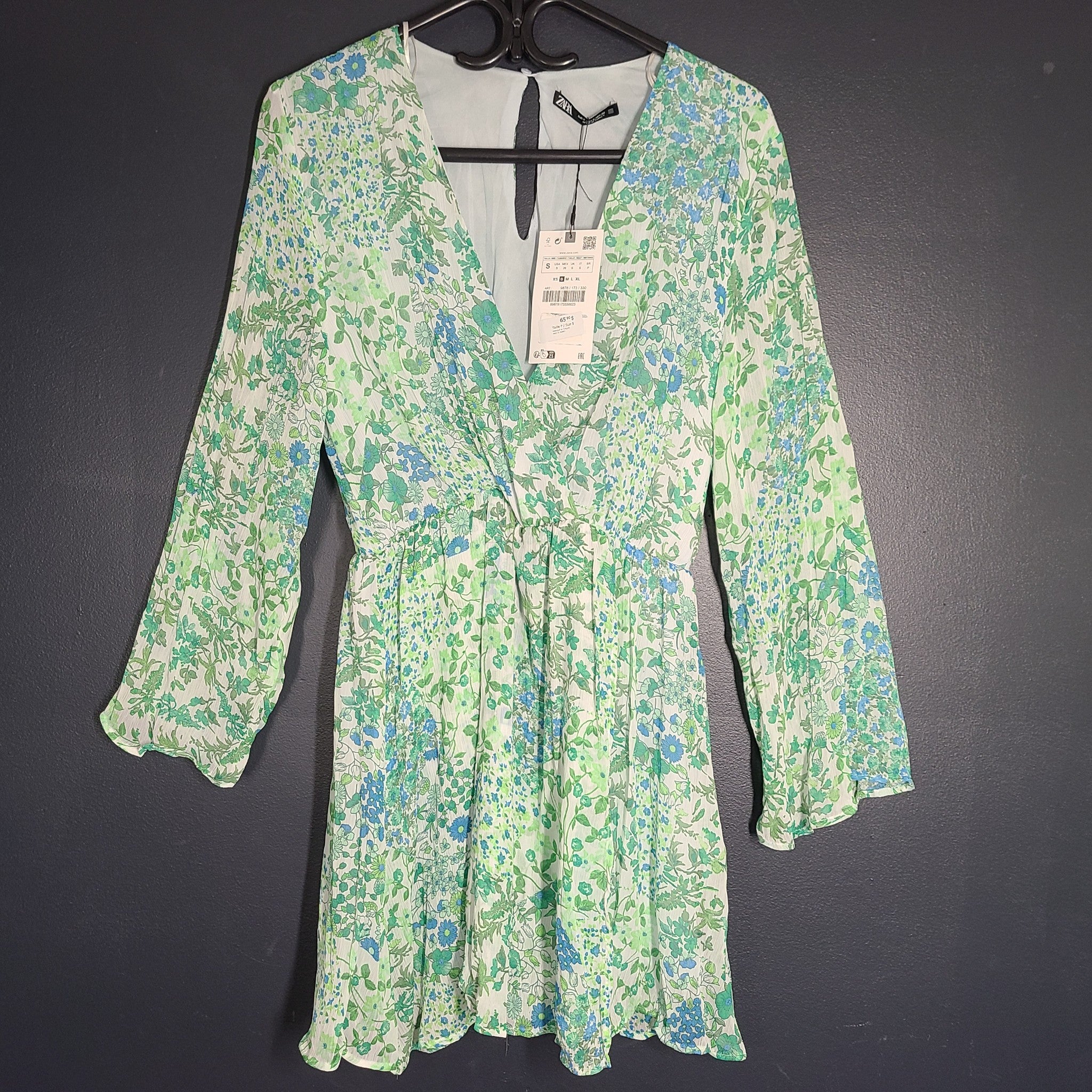 Zara Women's Mini V-Neck Dress Floral Print Fit & Flare Light Green Sz S