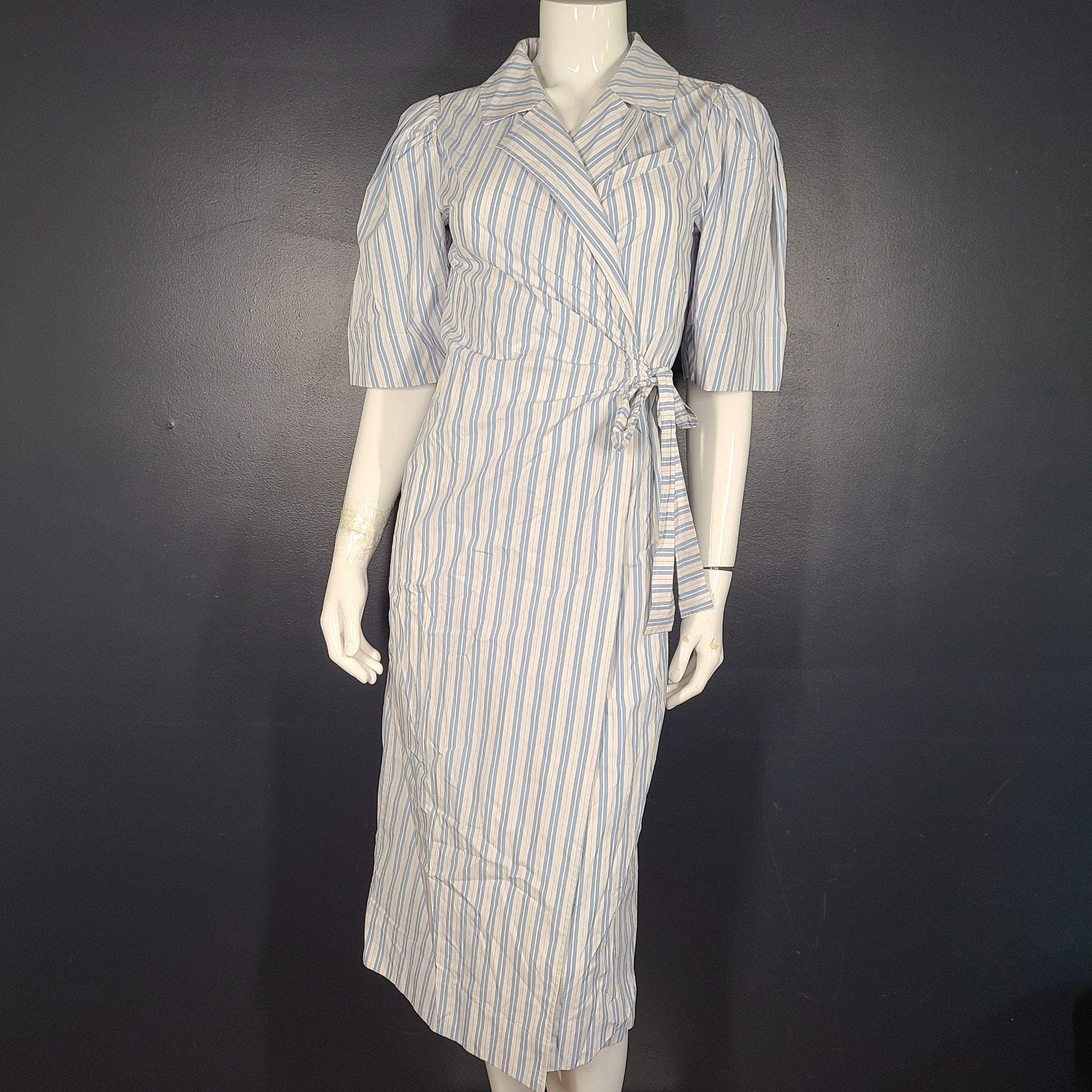 Ganni Women's Wrap Dress Striped V-neck Cotton Puff Sleeve Blue US Sz 4 EU 36