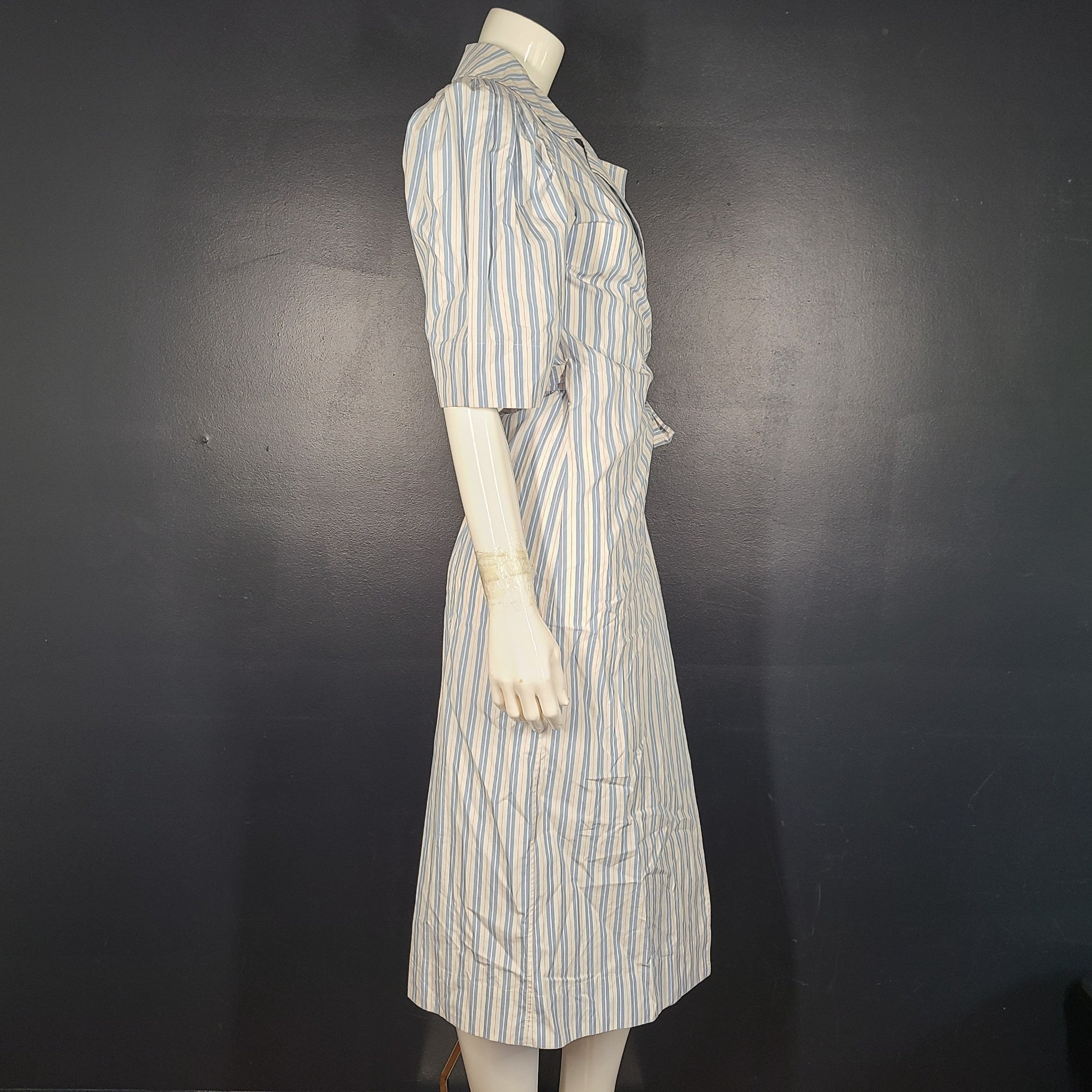 Ganni Women's Wrap Dress Striped V-neck Cotton Puff Sleeve Blue US Sz 4 EU 36