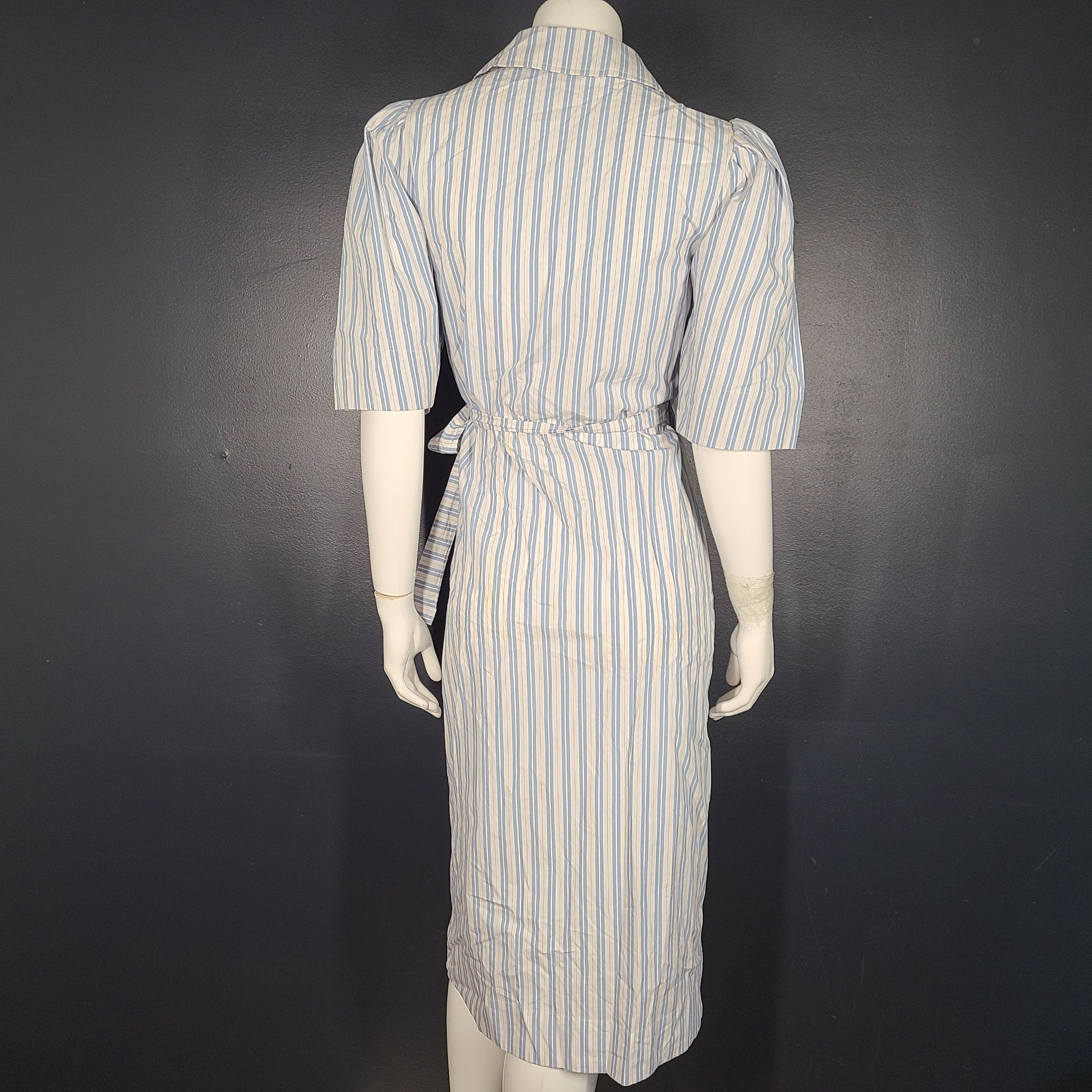 Ganni Women's Wrap Dress Striped V-neck Cotton Puff Sleeve Blue US Sz 4 EU 36
