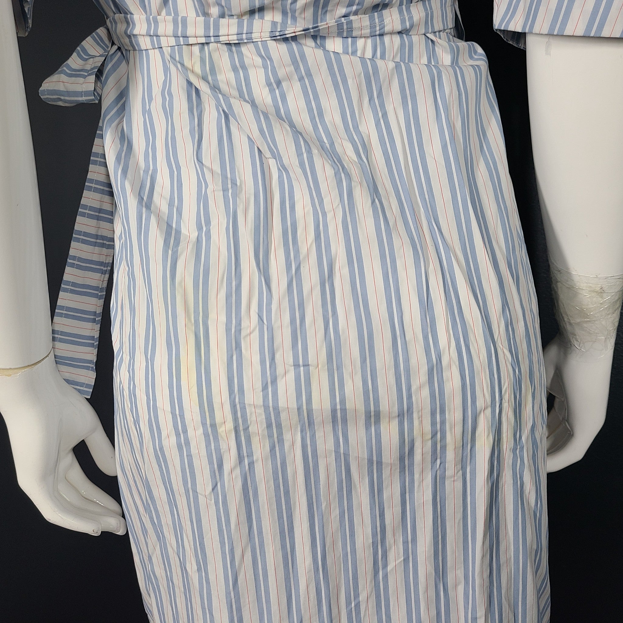 Ganni Women's Wrap Dress Striped V-neck Cotton Puff Sleeve Blue US Sz 4 EU 36