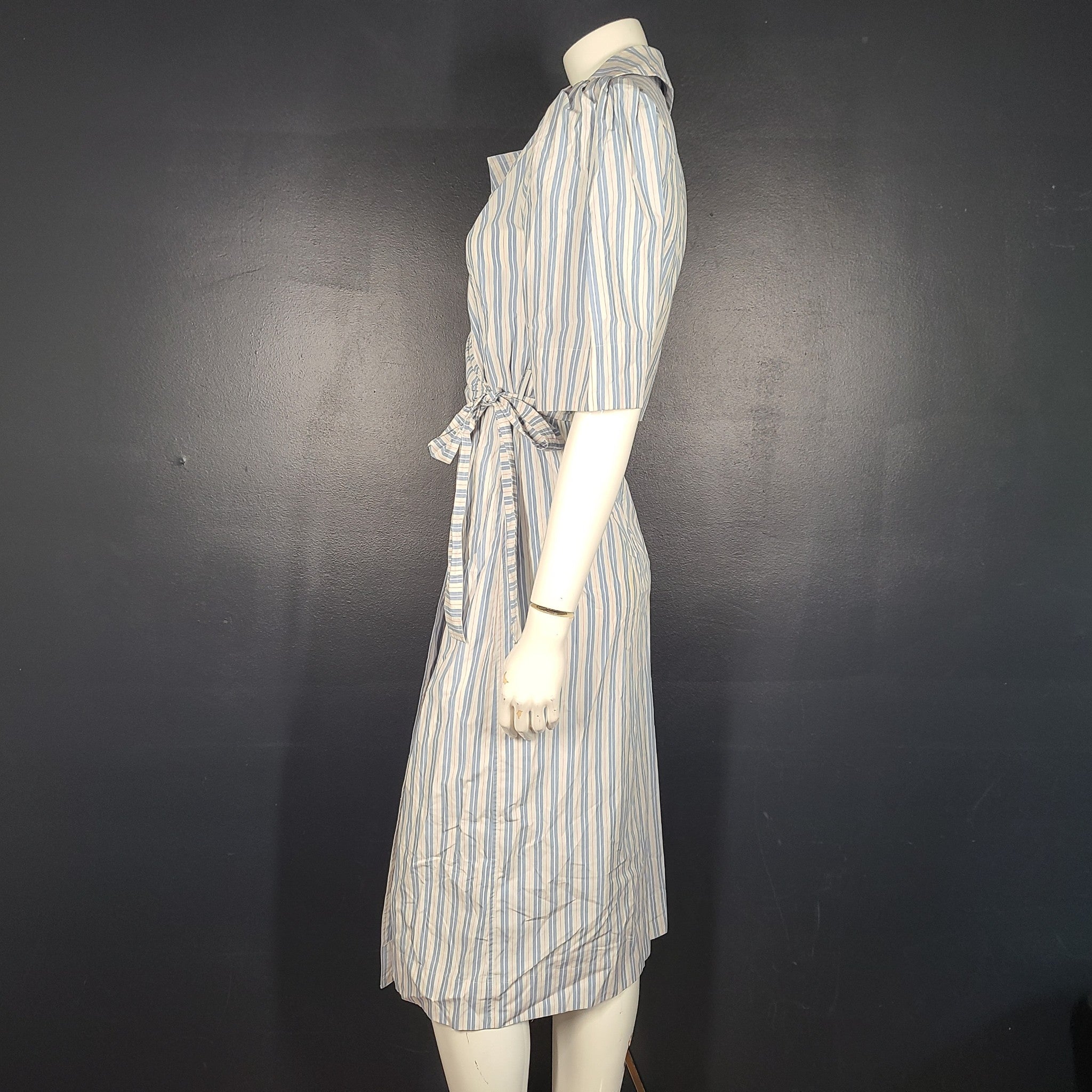 Ganni Women's Wrap Dress Striped V-neck Cotton Puff Sleeve Blue US Sz 4 EU 36