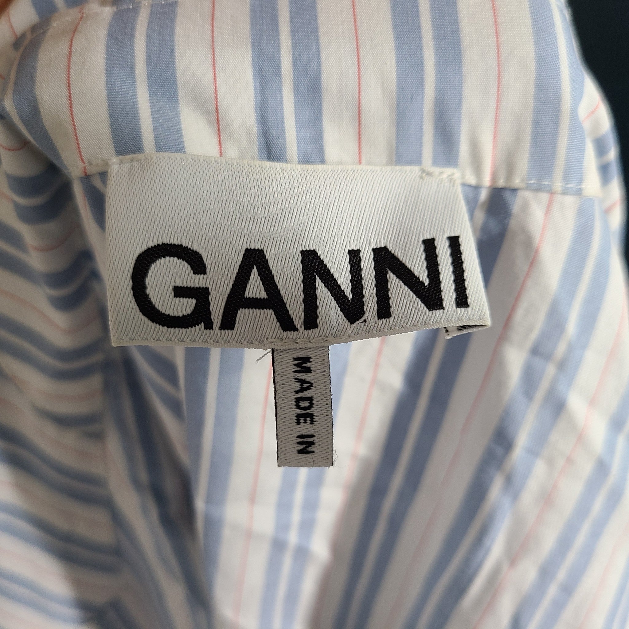 Ganni Women's Wrap Dress Striped V-neck Cotton Puff Sleeve Blue US Sz 4 EU 36