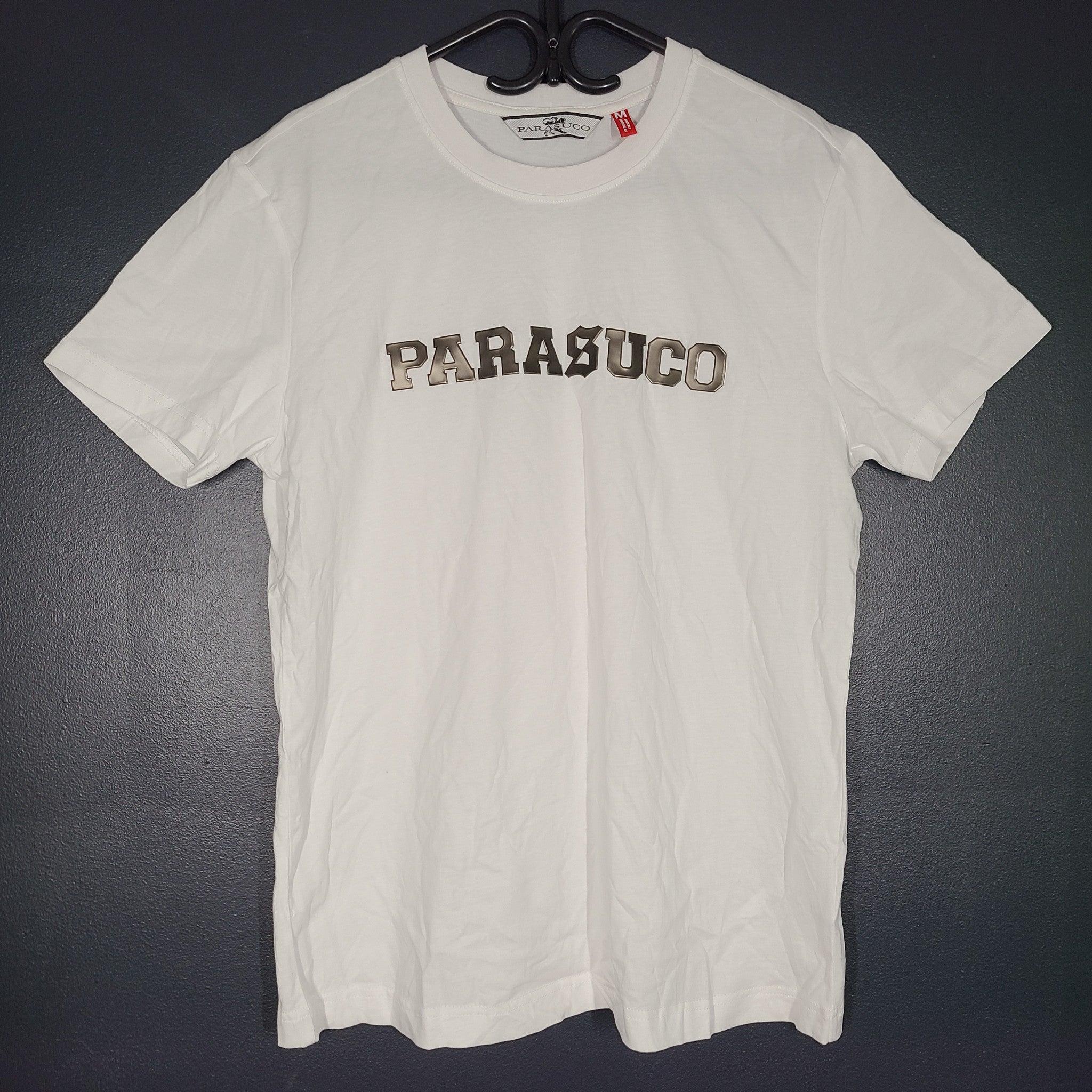 Parasuco Men's 3D Silver Gel Print Logo Tee Short Sleeve T-Shirt White Sz. M