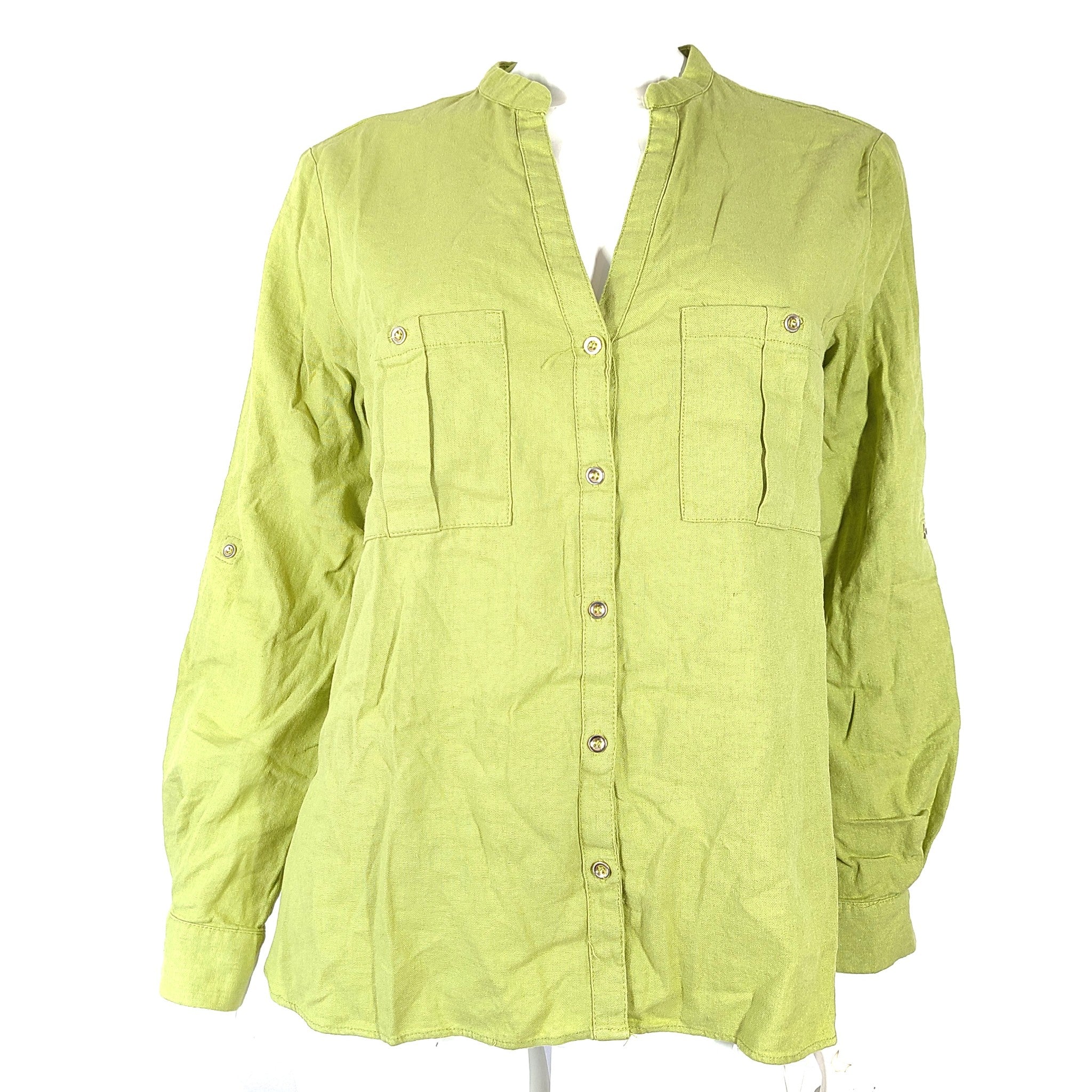 Zara Women's V-Neck Linen Blend Button Up Shirt Green Sz L NWT
