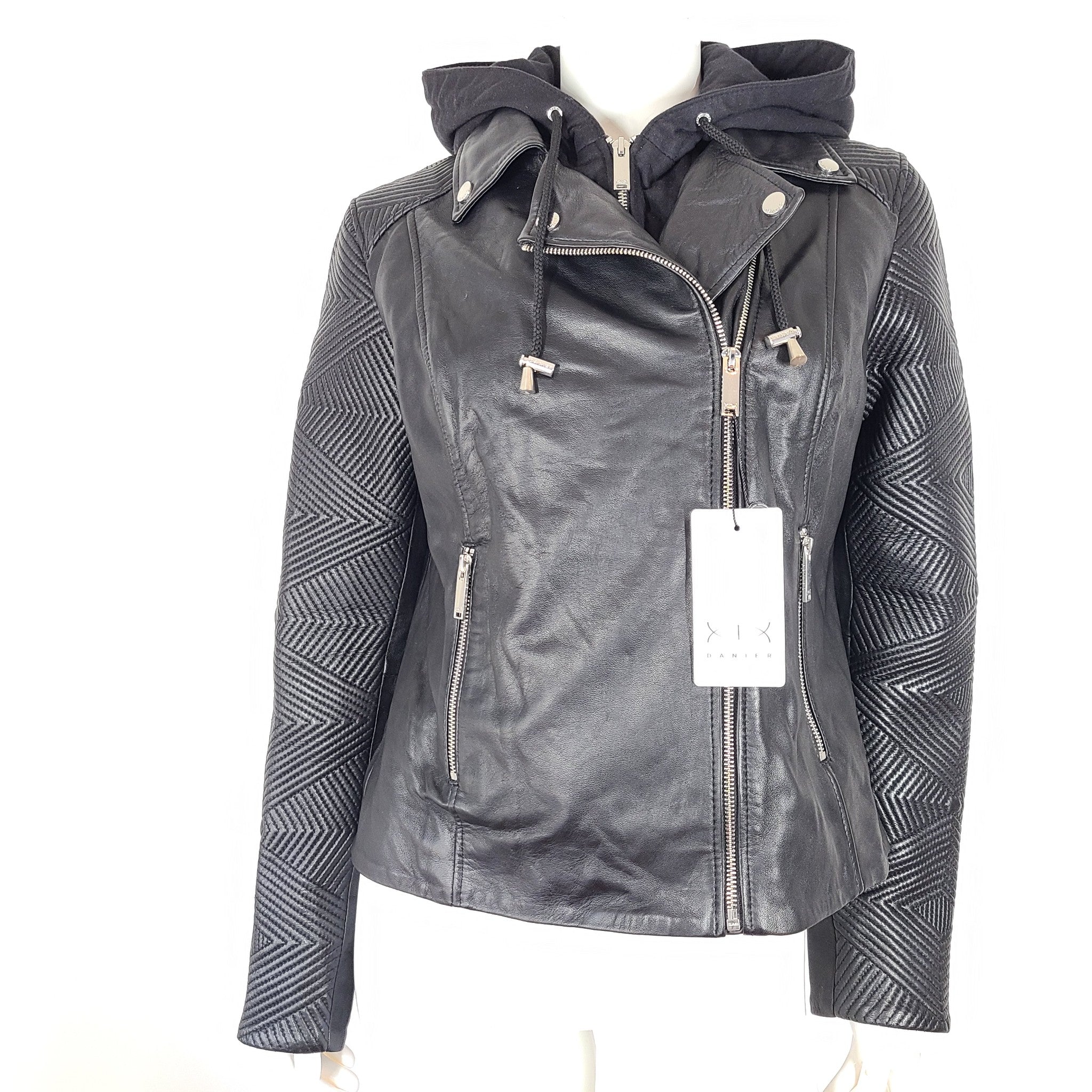 Danier Leather Imani Women's Biker Jacket Hood Black Size Sz L
