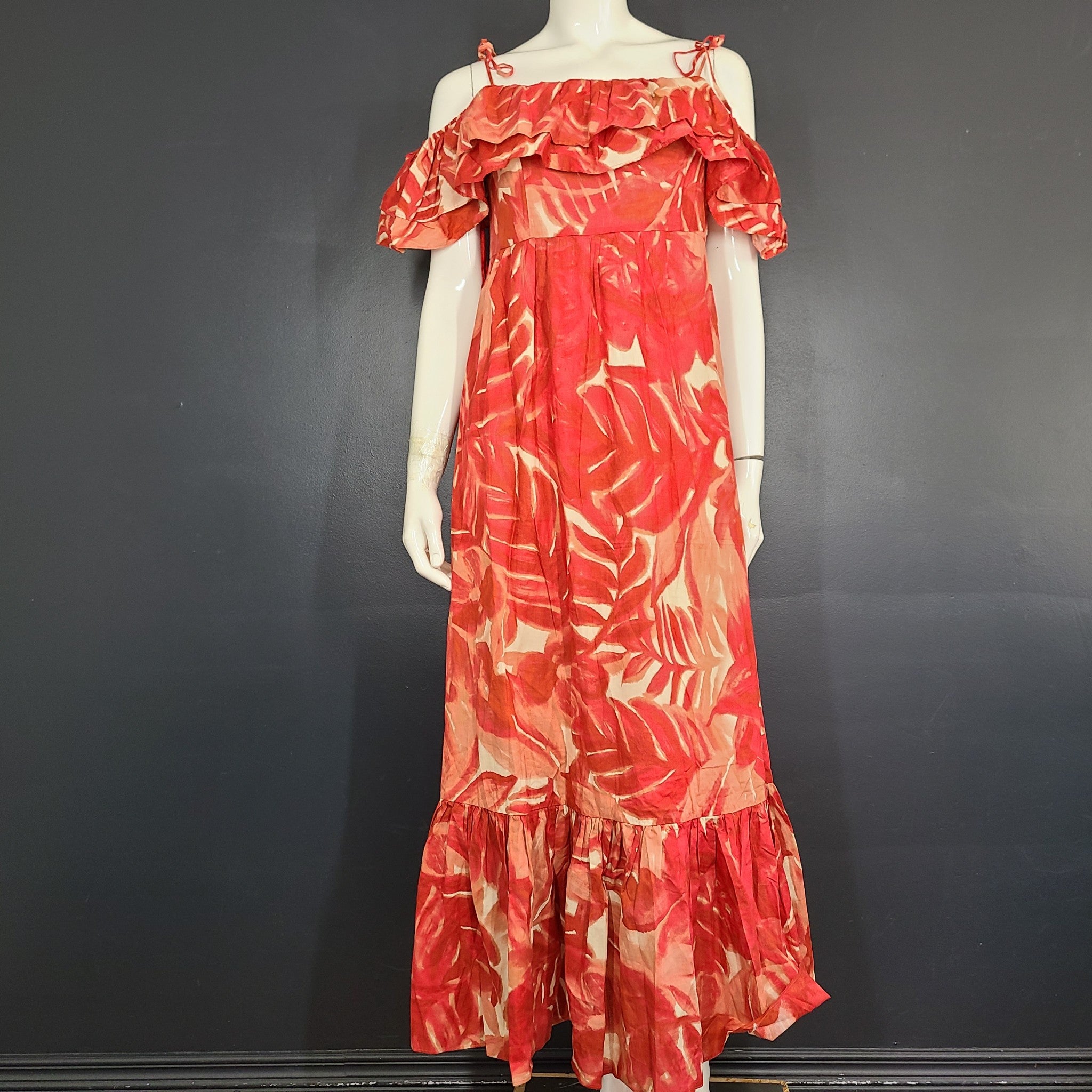 Zara Cotton Printed Midi Ruffle Dress Off Shoulder Flare 4786/253/330 Red M NWT