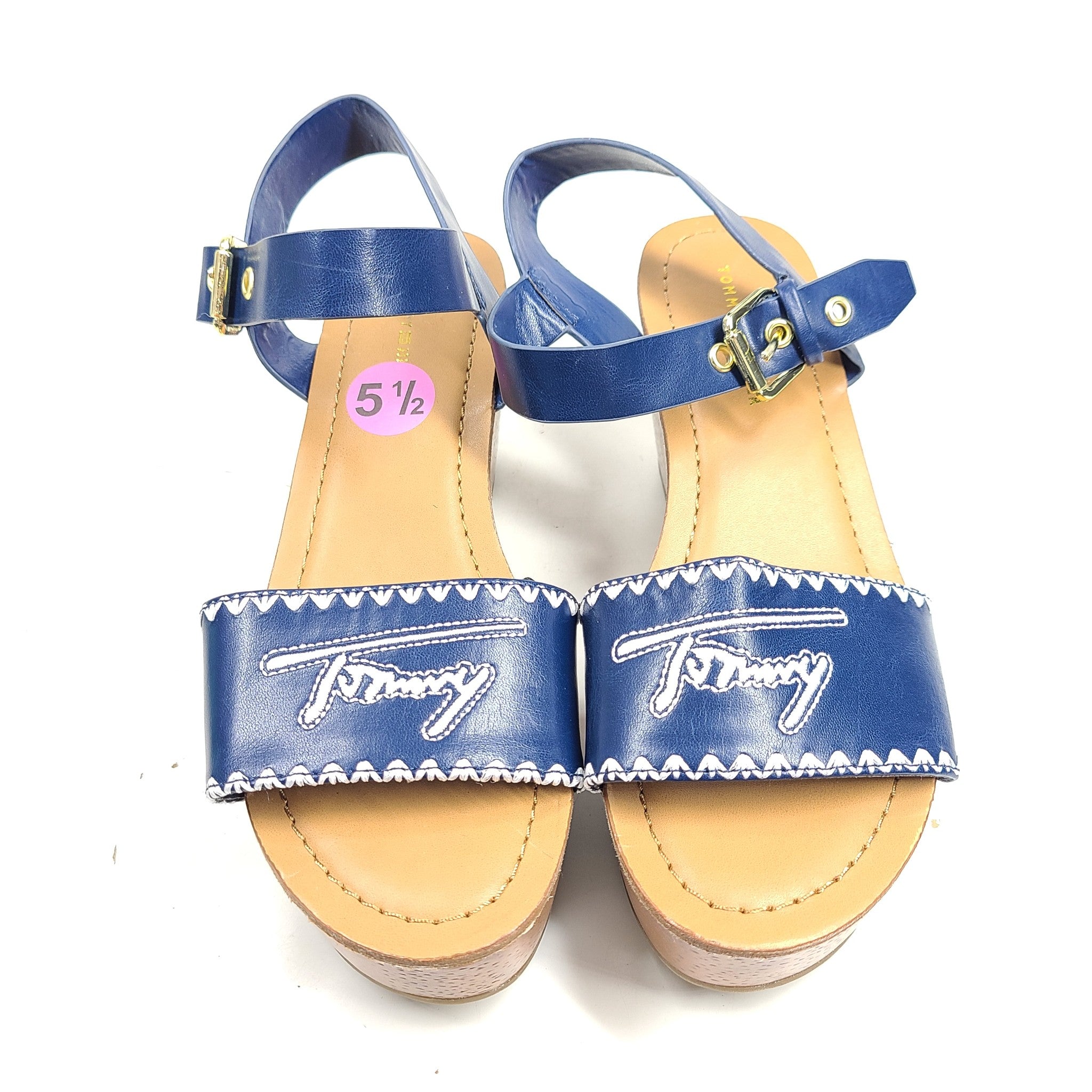 Tommy Hilfiger Women's Trim Strap Wedge Heeled Sandals Faux Leather Blue Sz 5.5