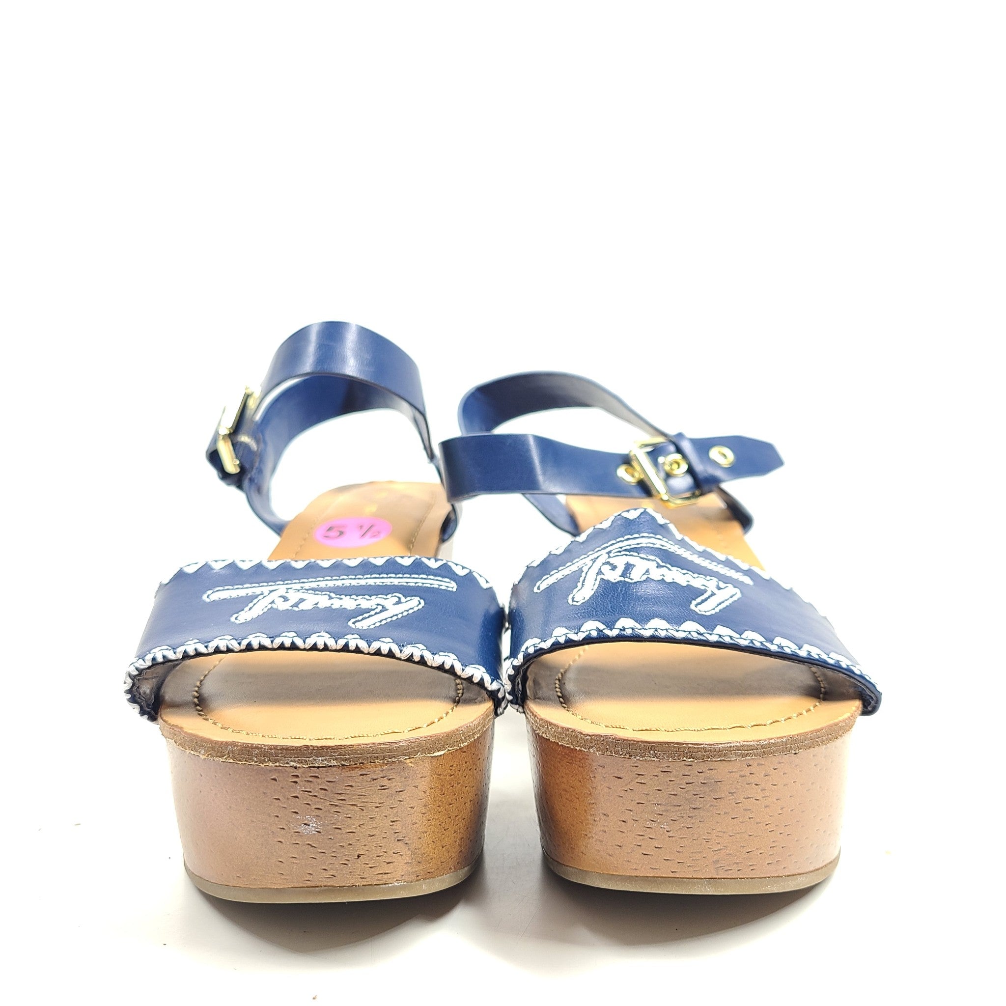 Tommy Hilfiger Women's Trim Strap Wedge Heeled Sandals Faux Leather Blue Sz 5.5