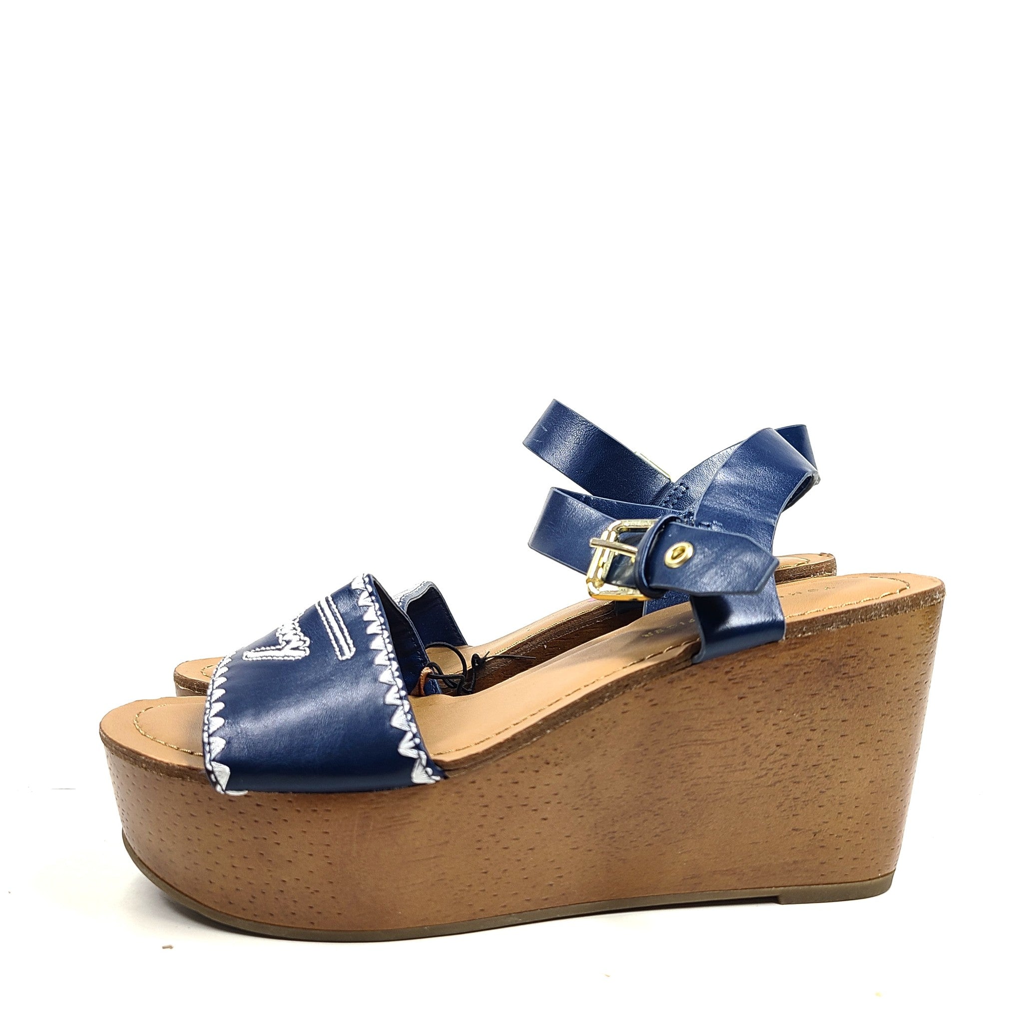 Tommy Hilfiger Women's Trim Strap Wedge Heeled Sandals Faux Leather Blue Sz 5.5