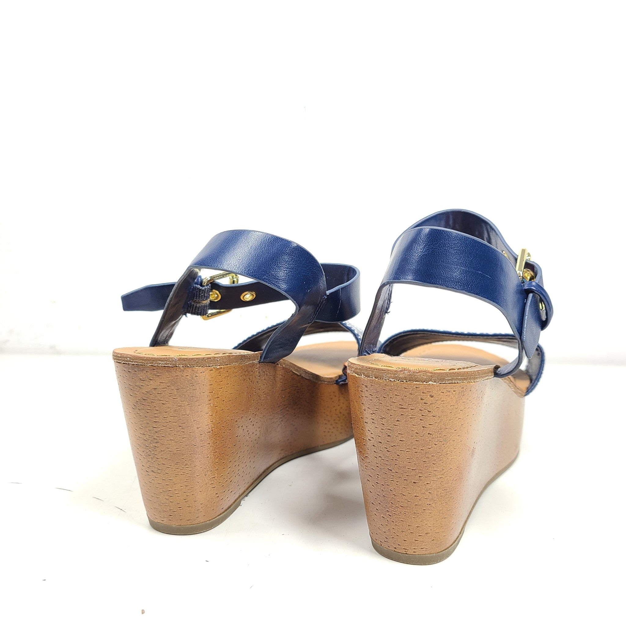Tommy Hilfiger Women's Trim Strap Wedge Heeled Sandals Faux Leather Blue Sz 5.5
