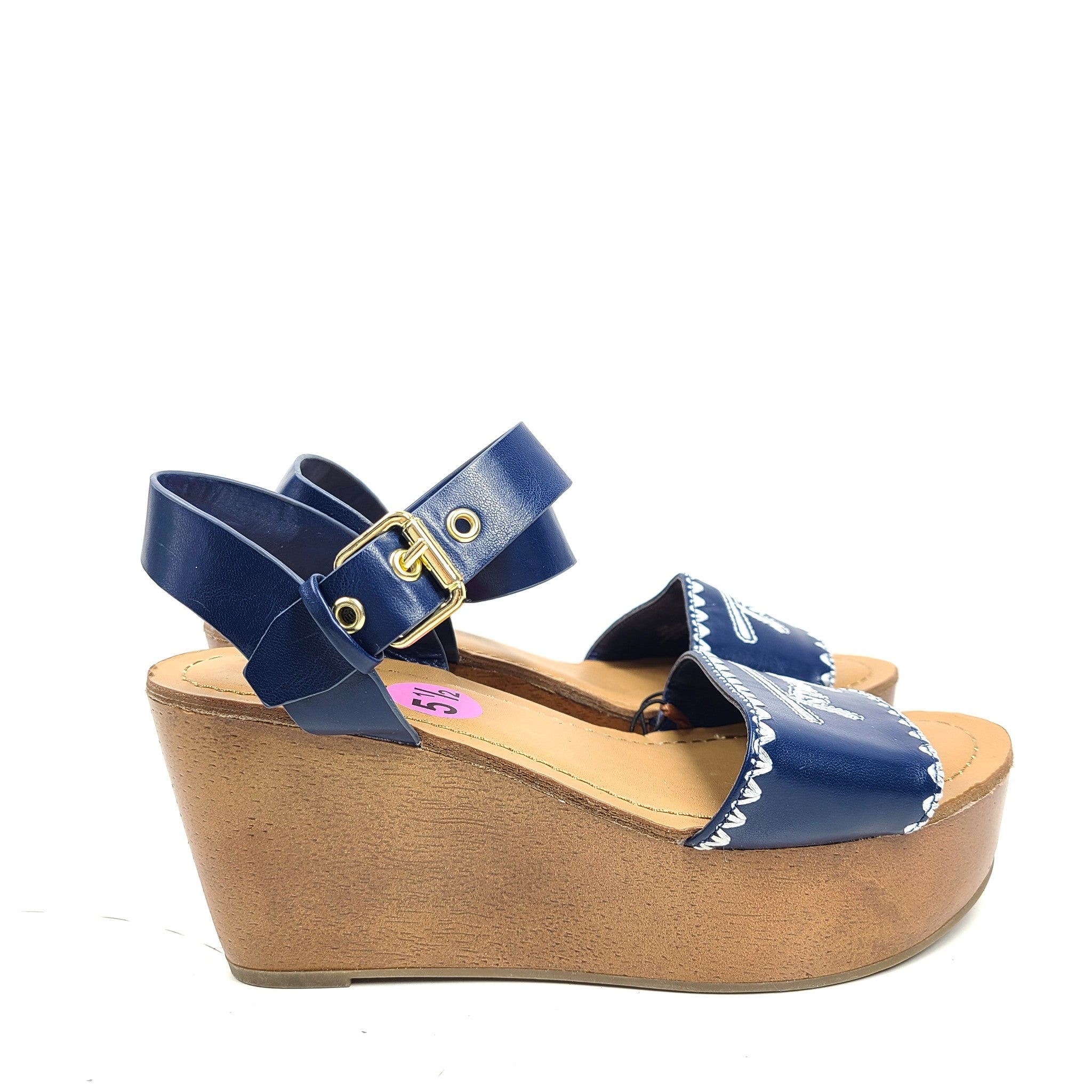 Tommy Hilfiger Women's Trim Strap Wedge Heeled Sandals Faux Leather Blue Sz 5.5