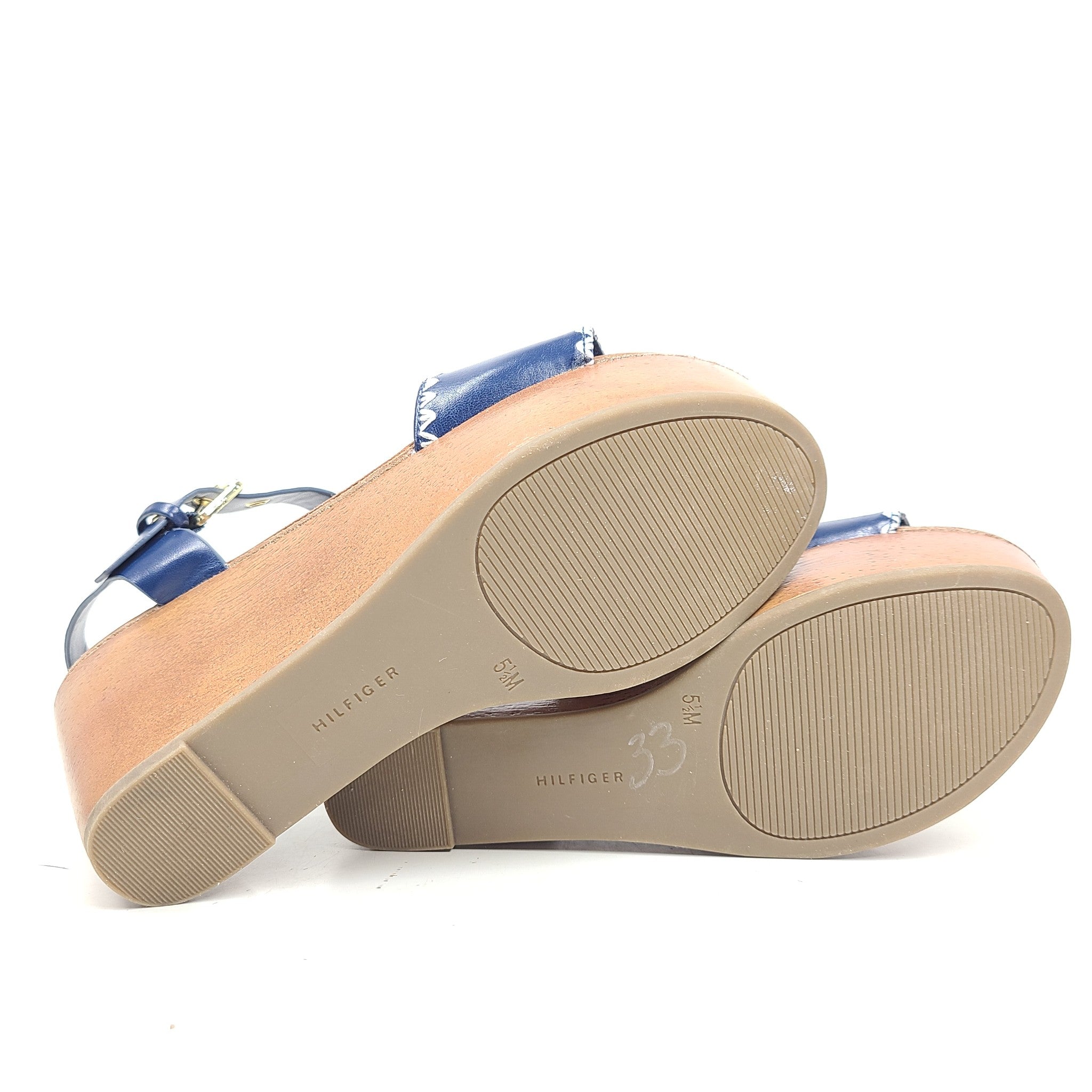 Tommy Hilfiger Women's Trim Strap Wedge Heeled Sandals Faux Leather Blue Sz 5.5