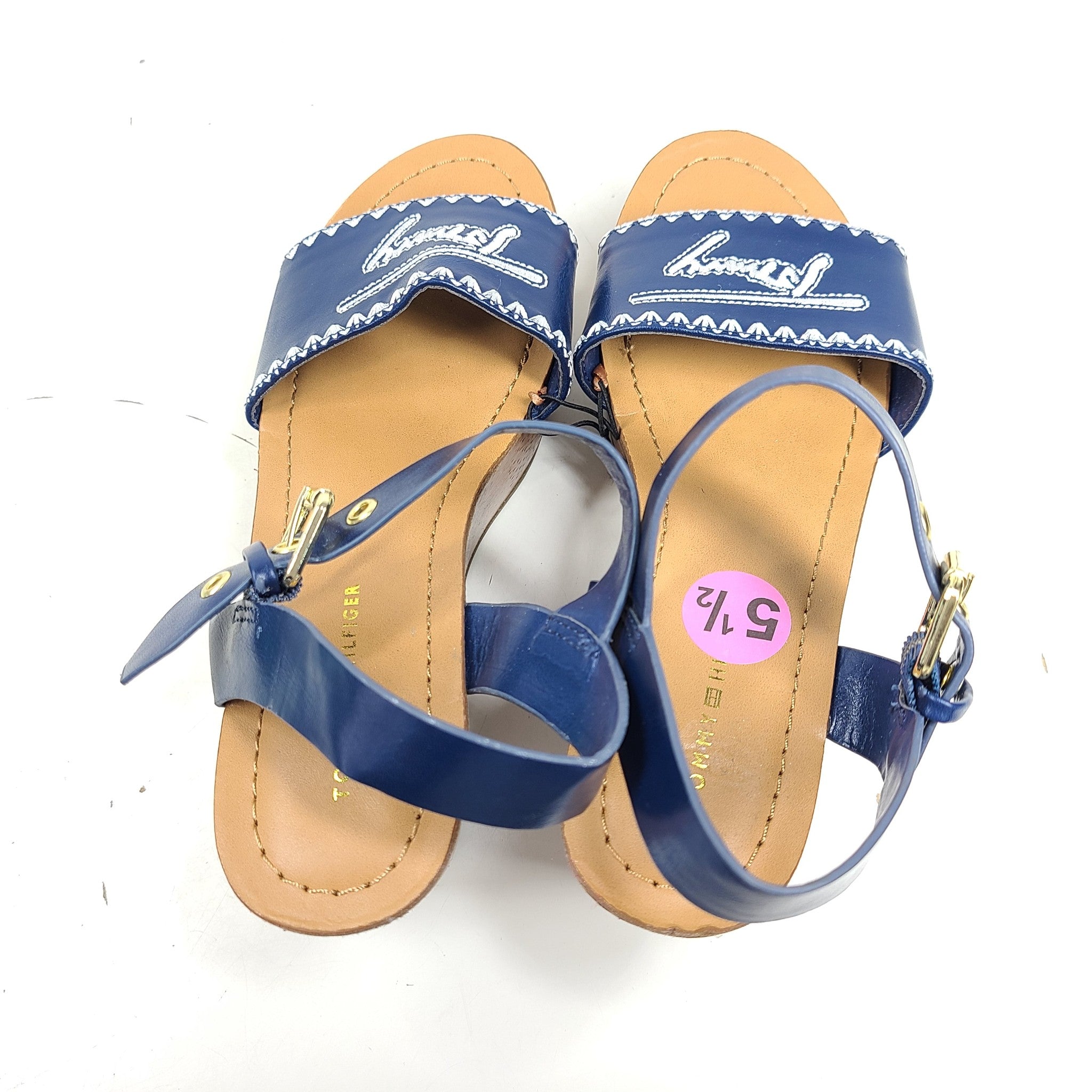Tommy Hilfiger Women's Trim Strap Wedge Heeled Sandals Faux Leather Blue Sz 5.5