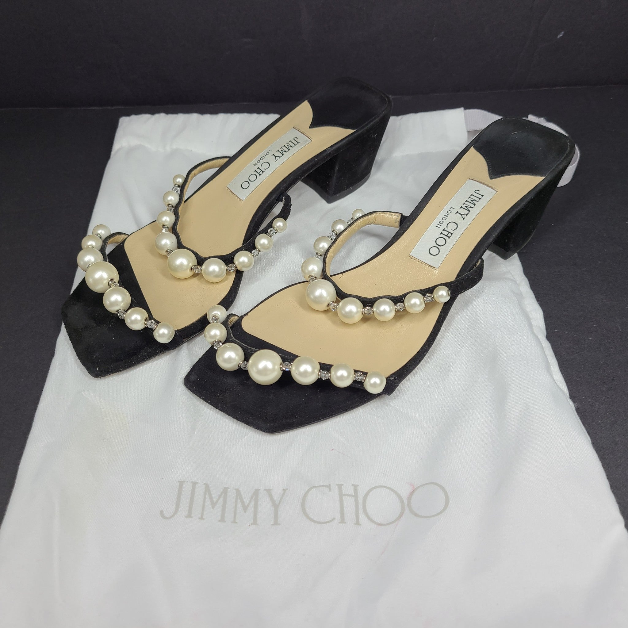 Jimmy Choo Amara 45 Suede Mules Pearl Embellishment Block Heel Italy Black Sz 6
