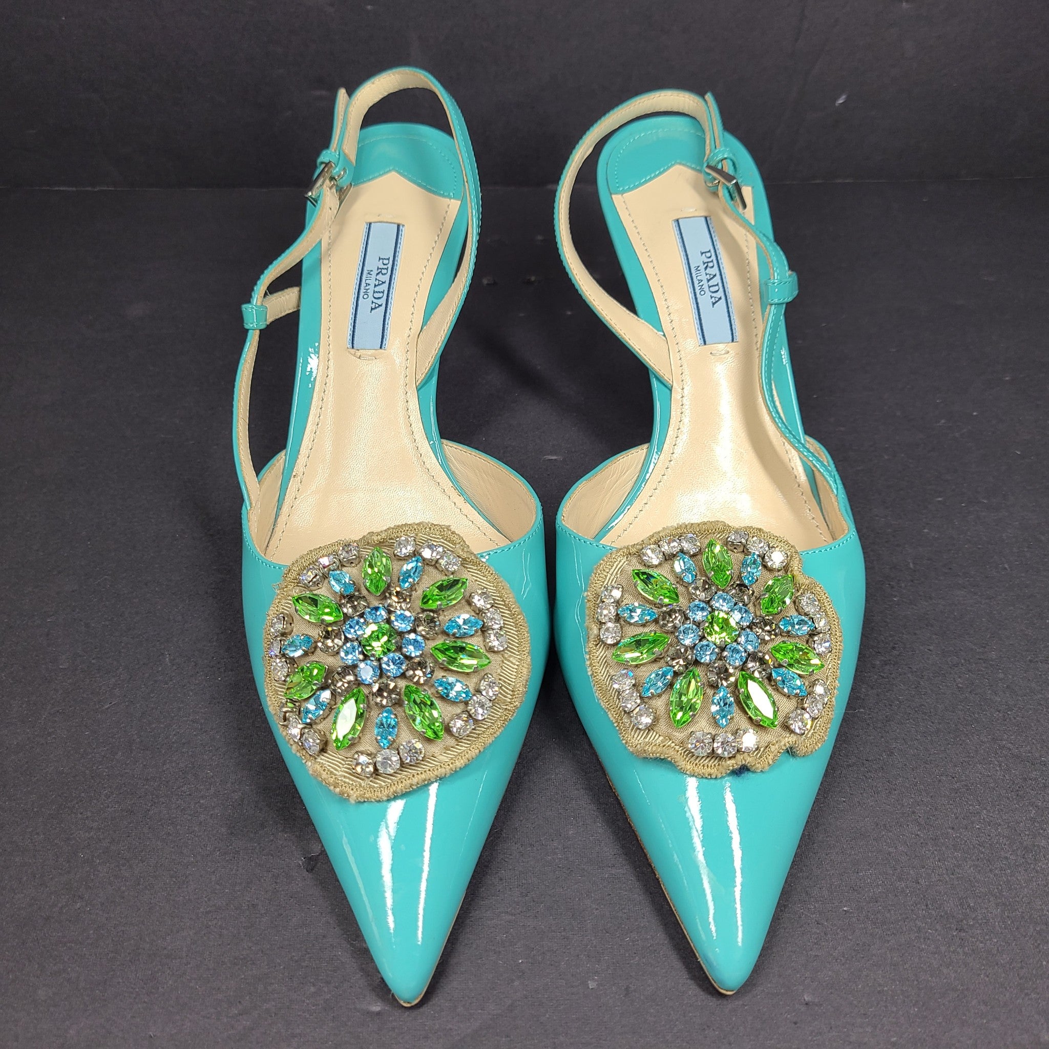 Prada Women's Slingback Pumps 1I016G Shoes Crystal Embelished Turquoise Sz 9