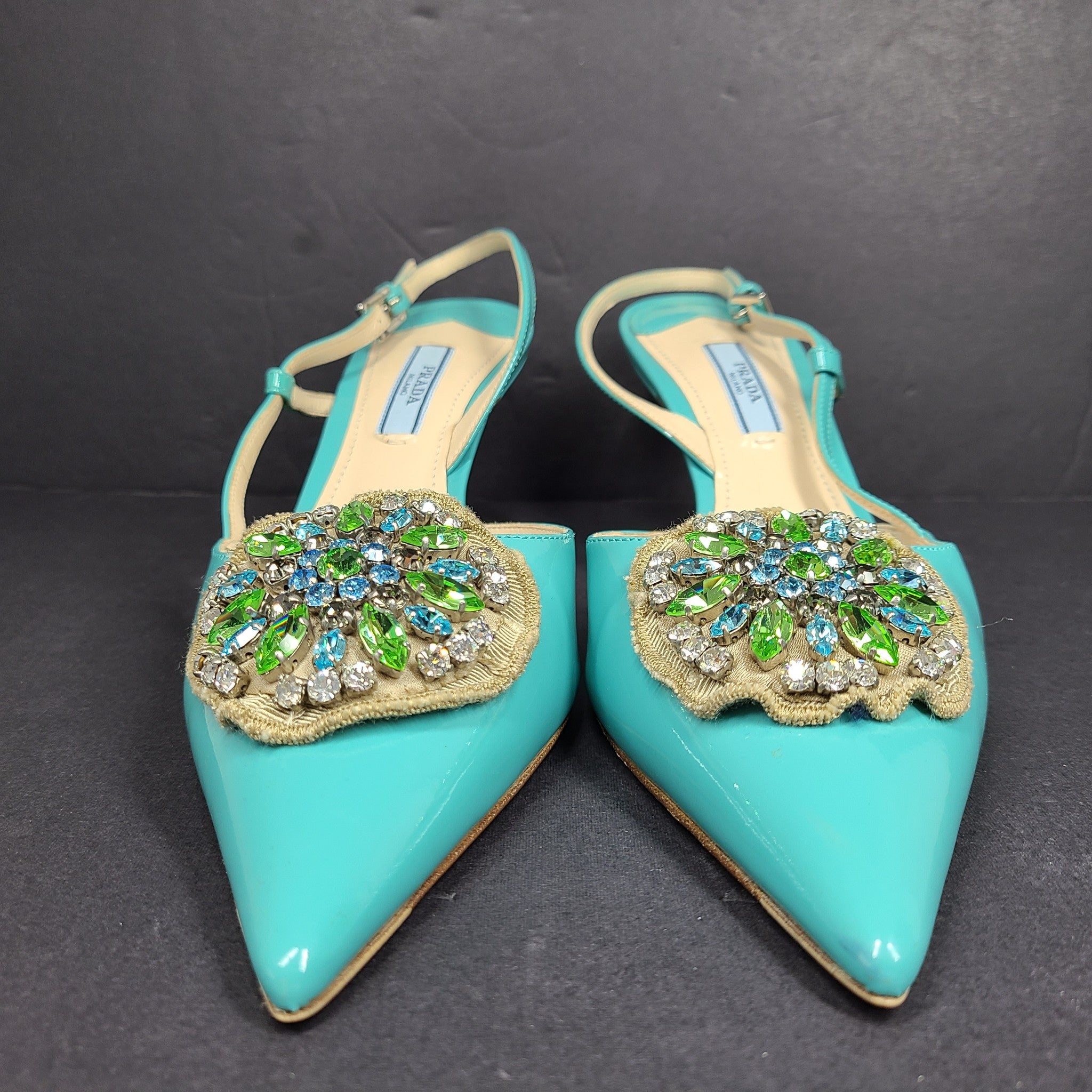 Prada Women's Slingback Pumps 1I016G Shoes Crystal Embelished Turquoise Sz 9