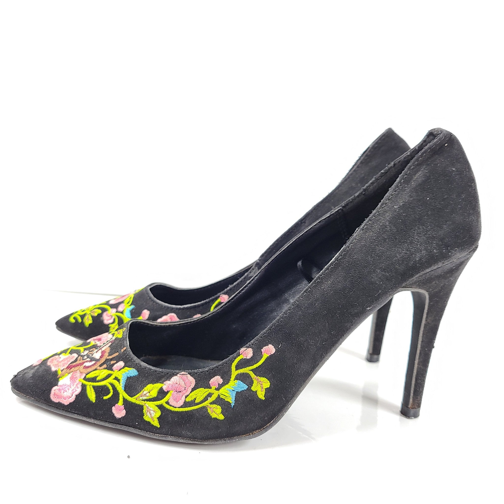 Steve Madden Embroidered Toe High Heel Shoes Faux Suede Stiletto Pumps Black 9