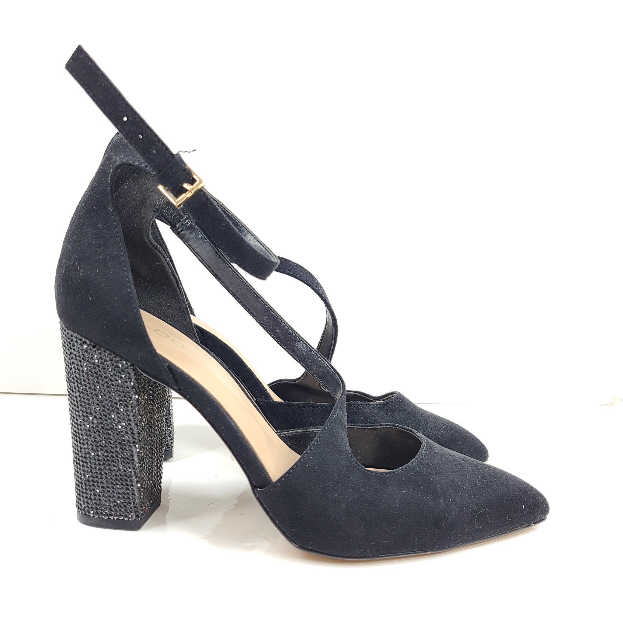 Aldo Nicholes Ankle Strap Pointed Toe Rhinestone Pumps Heeled Shoes Black 8